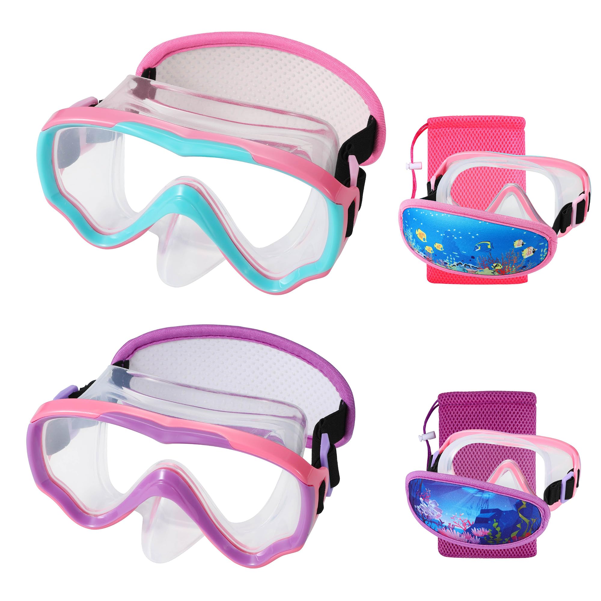 RUIGAO 2PK Goggles Kids 6-14, Diving Mask Neoprene Padded Strap,Water Goggles Do not Pull Hair