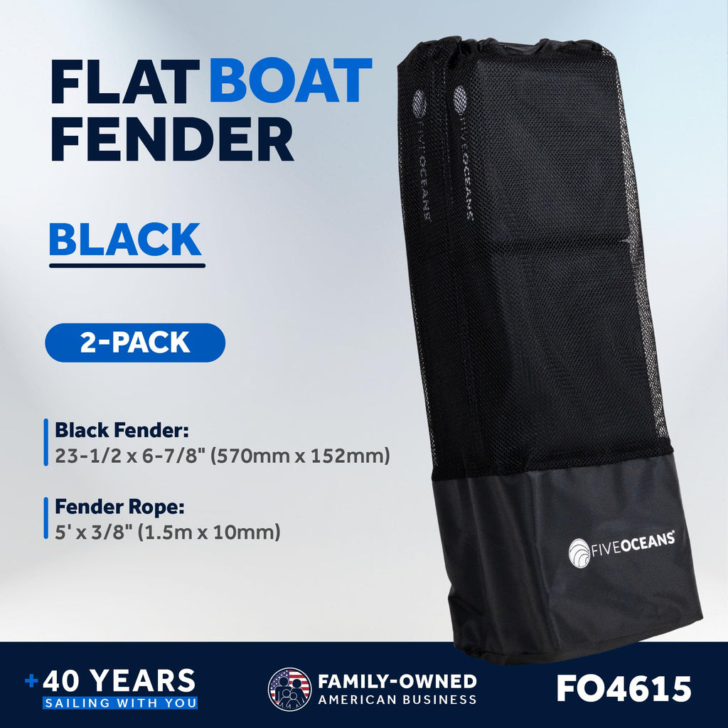 Five Oceans Contour Flat Boat Fender, Boat Fenders, Boat Bumpers For Docking, 2-Pack - 24-Inch, Black, With 3/8-Inch X 5-Foot Fe