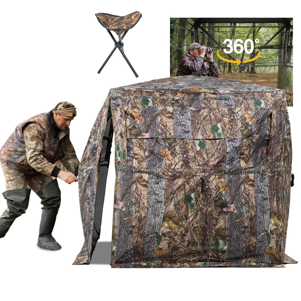 Funhorun Hunting Blind 360 Degree See Through Ground Blind For Deer Hunting, 2/3 Person Pop Up Camouflage Tent For Deer And Turk