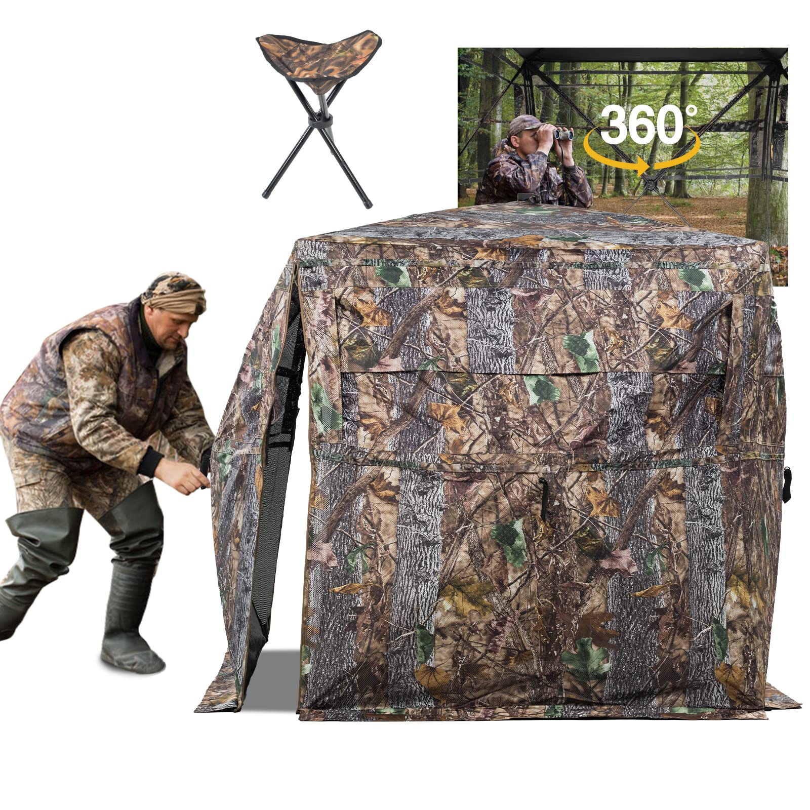 Funhorun Hunting Blind 360 Degree See Through Ground Blind For Deer Hunting, 2/3 Person Pop Up Camouflage Tent For Deer And Turk