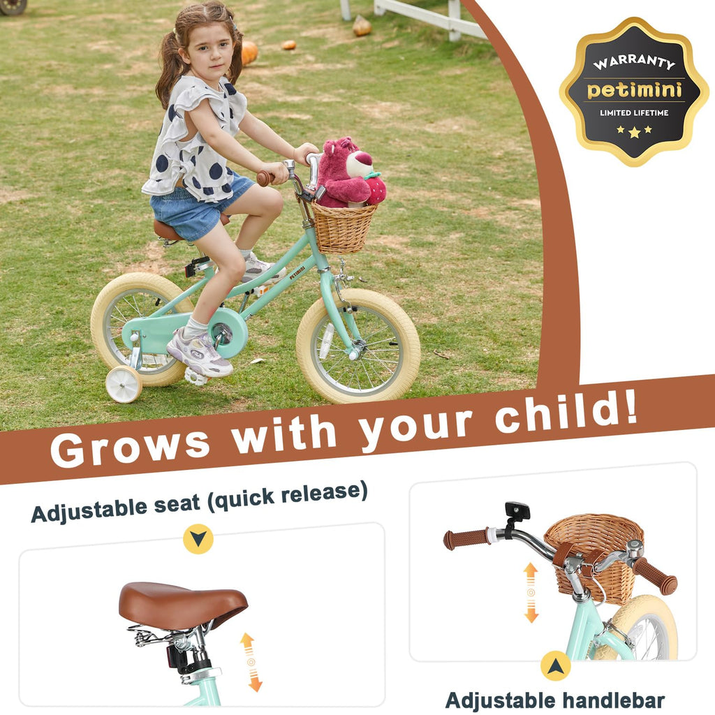 Petimini 12 Inch Kids Bike for Age 2 3 4 Years Old Little Girls Toddlers Retro Vintage Style Bicycles with Basket Training Wheel