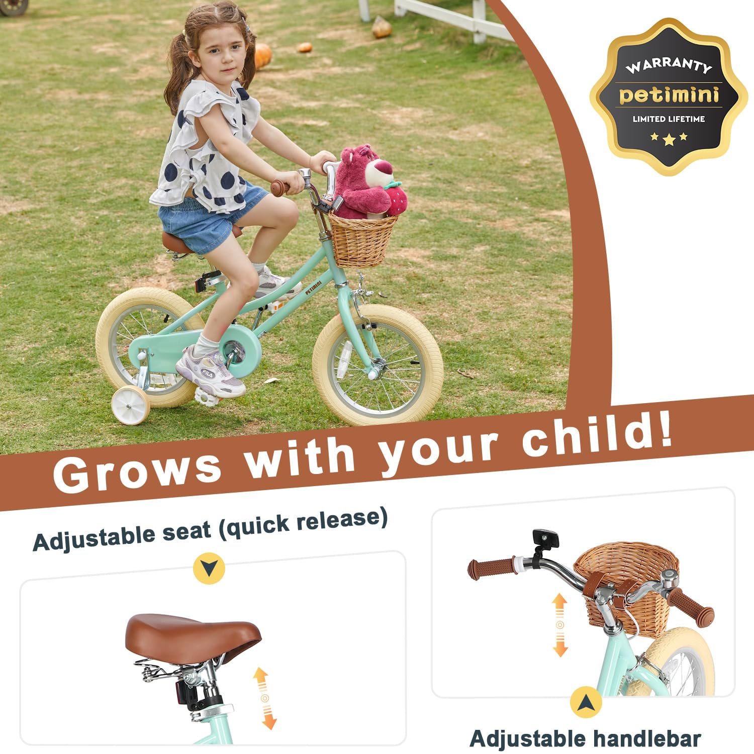 Petimini 12 Inch Kids Bike for Age 2 3 4 Years Old Little Girls Toddlers Retro Vintage Style Bicycles with Basket Training Wheel