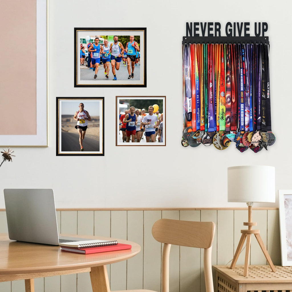 Goutoports Medal Holder Display Hanger Rack Frame for Sport Race Runner-Never Give Up - Sturdy Black Steel Metal Over 60 Medals