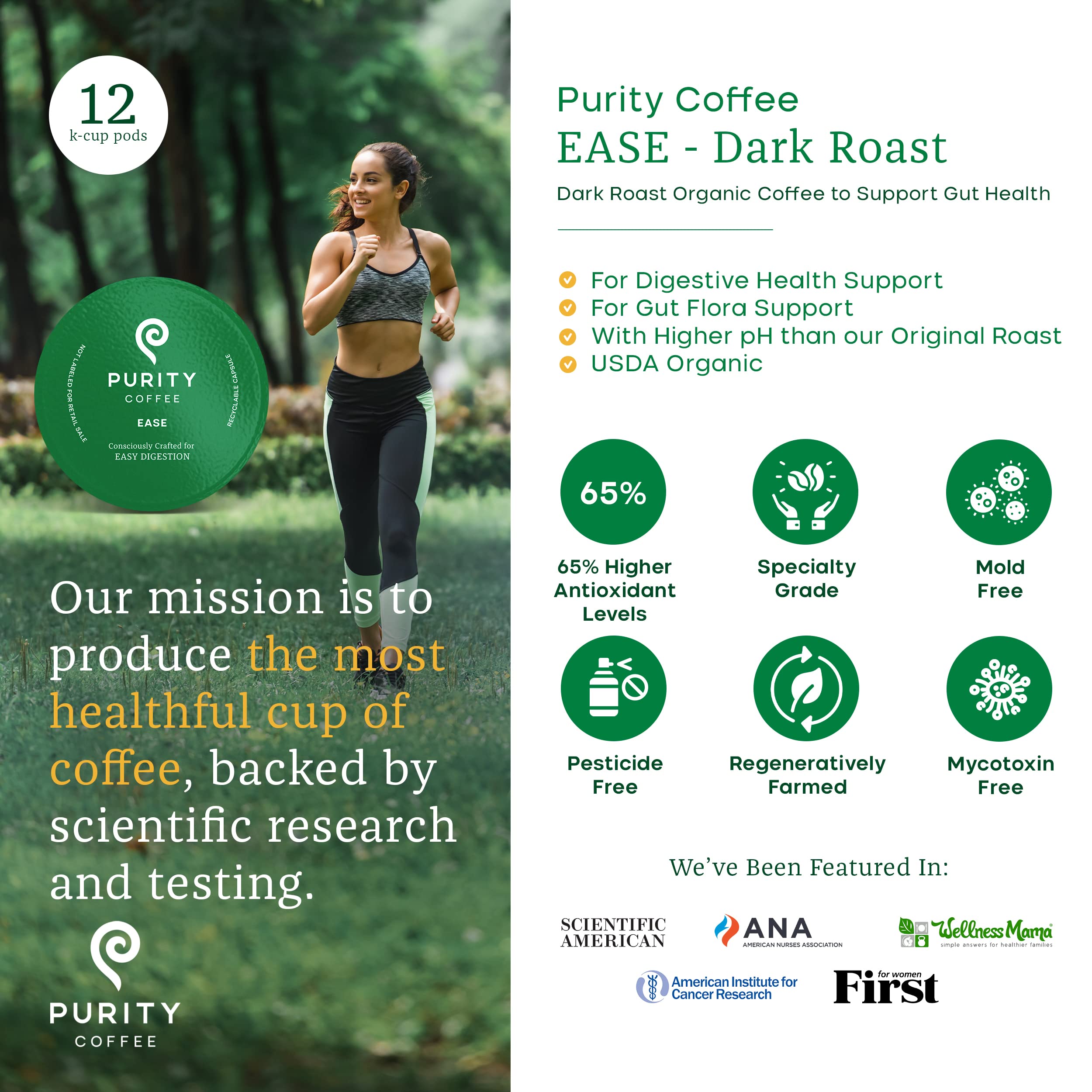 Purity Coffee Ease Dark Roast Low Acid Organic Coffee - Usda Certified Organic Specialty Grade Arabica Single-Serve Coffee Pods