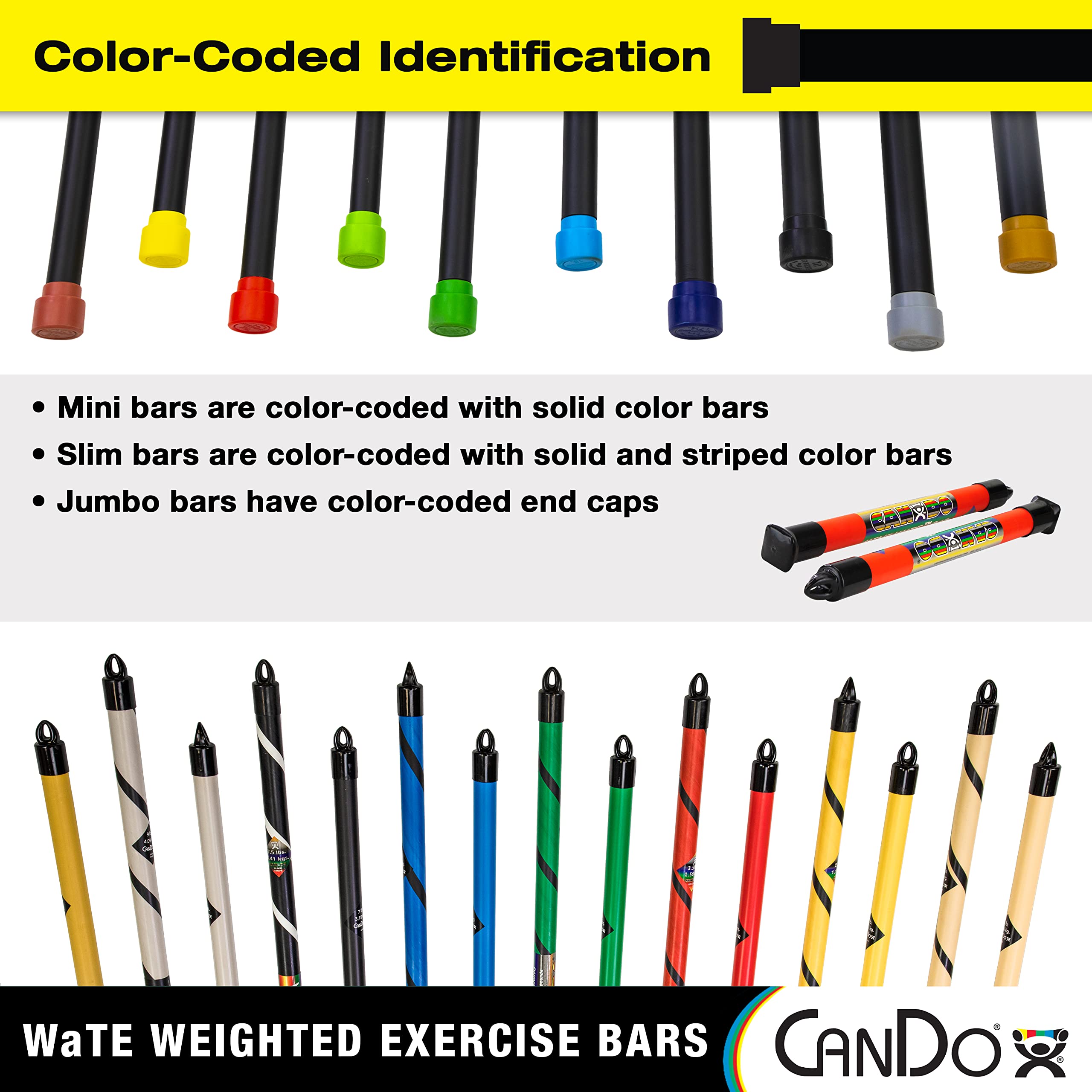 Cando Jumbo Wate Bar 5Lb Yellow, Total Body Workout Weighted Exercise Bar For Strength Training, Toning, And Physical Therapy