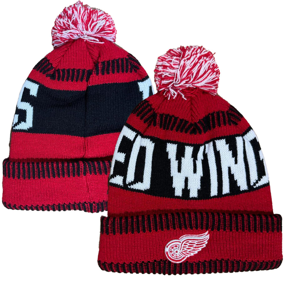 Outerstuff Nhl Kids Youth 8-20 One Size Team Color Primary Logo Sports Tech Knit Cold Weather Hockey Pom Beanie Hat - Detroit Re