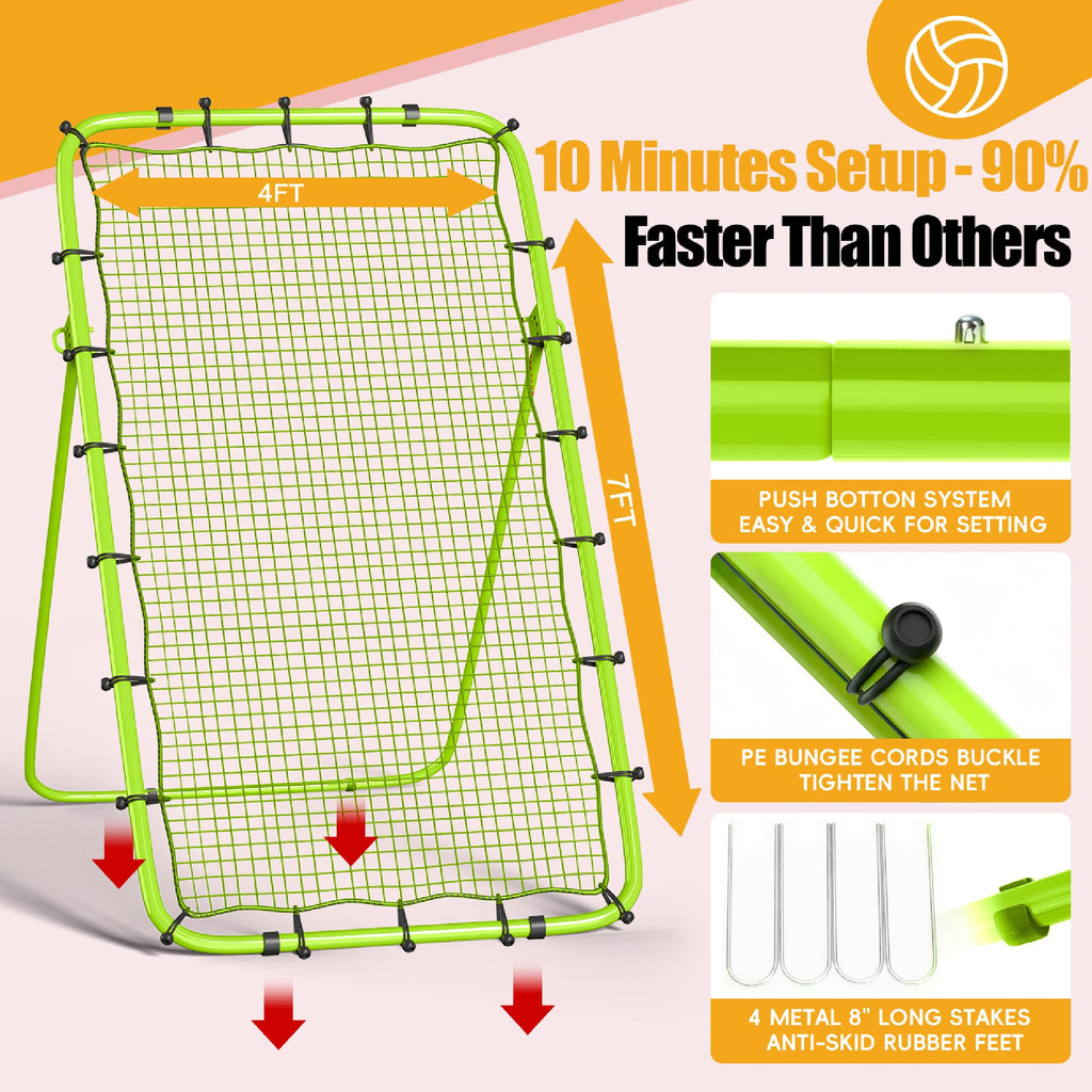Volleyball Rebounder Net 7x4 Ft, 5-Angle Adjustable Rebounder Net with 2 Target Stripes & Portable Travel Bag, 10-MIN Setup Boun
