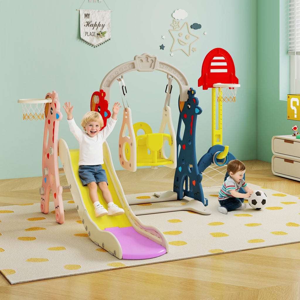 Neekoy 6-In-1 Toddler Slide And Swing Set For Kids, Toddler Swing With Basketball Hoop, Suitable For Outdoor Indoor Playground F