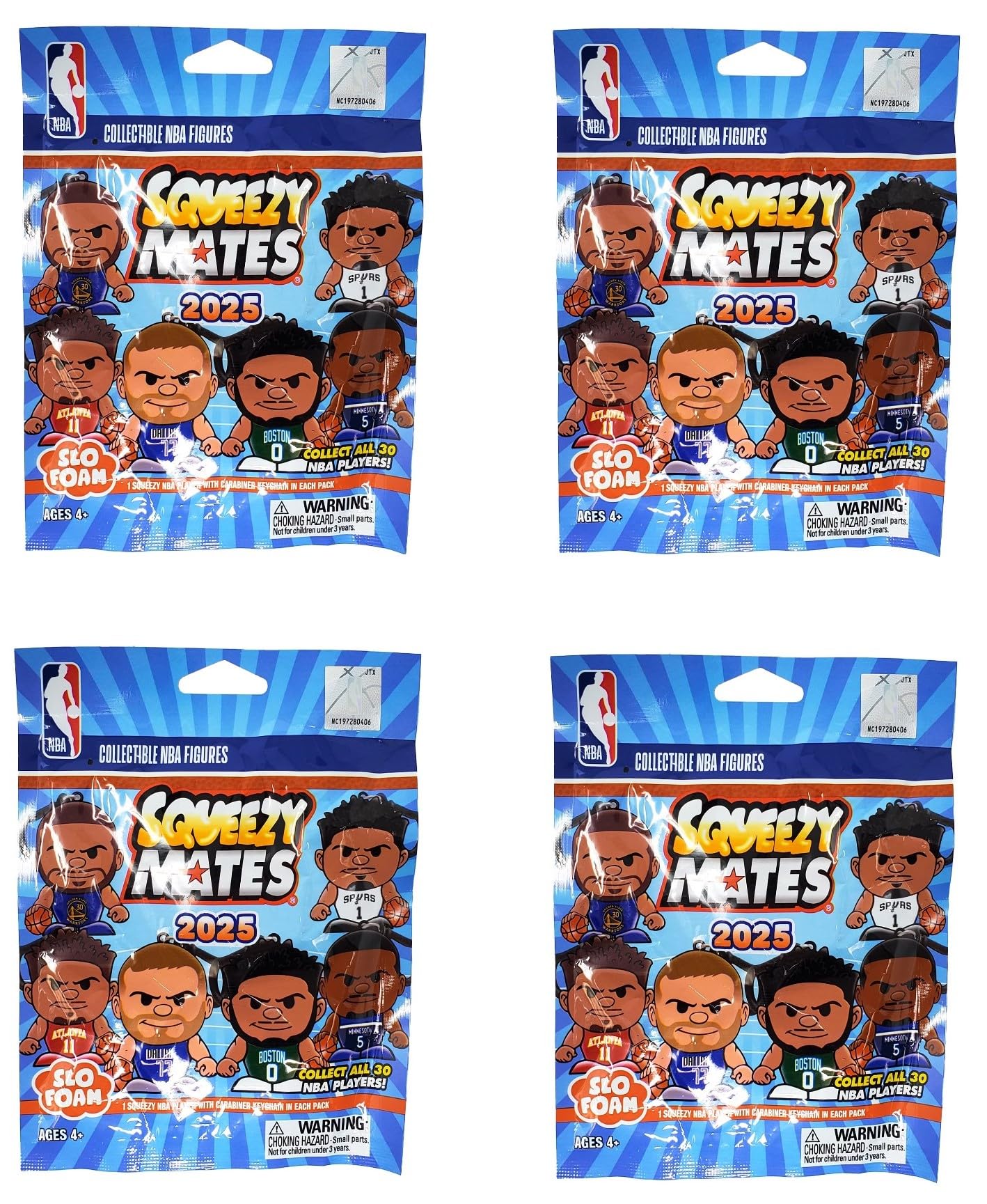 Party Animal - 4 Pack Bundle - Squeezymates NBA Basketball Series 5 Mystery Blind Pack Bag Figure Slofoam Keychain
