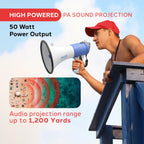 Pyle Megaphone Pa Bullhorn Speaker - Built-In Siren 50 Watts Rechargeable Battery- 10 Sec Record Function For Football Baseball