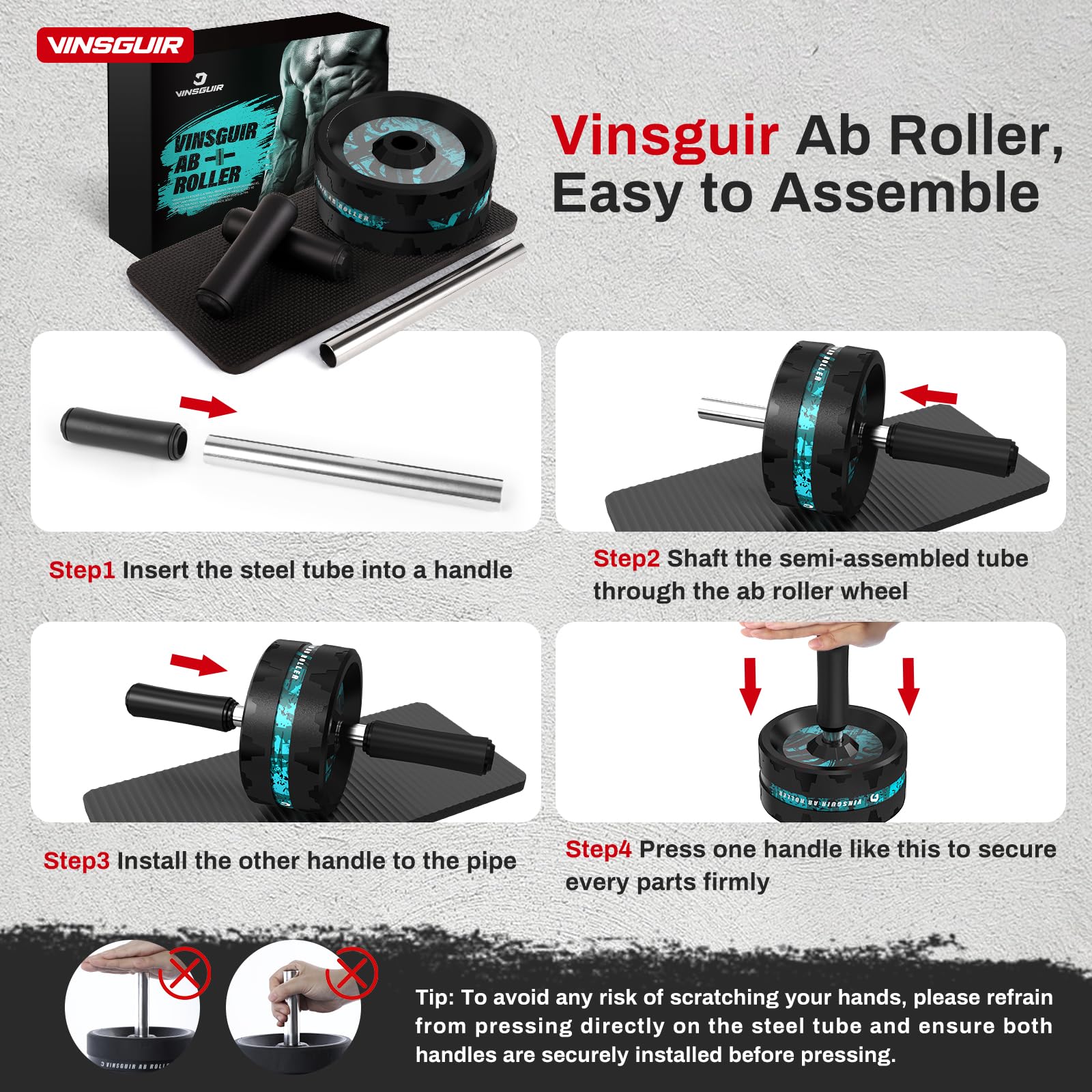 VINSGUIR Ab Roller Wheel, Abs & Core Workout Equipment for Home Gym with Knee Pad Accessories, Abdominal Wheel for Full-body Str