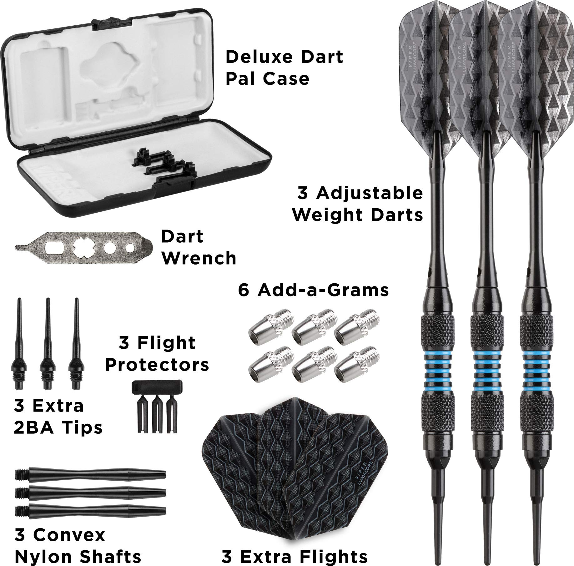 Viper Bobcat Adjustable Weight Soft Tip Darts With Storage/Travel Case: Black Coated Brass, Blue Rings, 16-18 Grams
