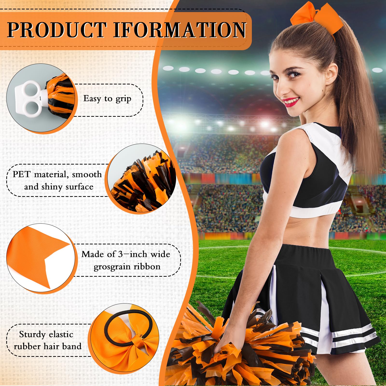 Hanaive 3 Pcs Cheerleading Pom Poms And Large Cheerleader Hair Bow For Girl Metallic Cheer Pom Poms For Teen Dance (Orange And B