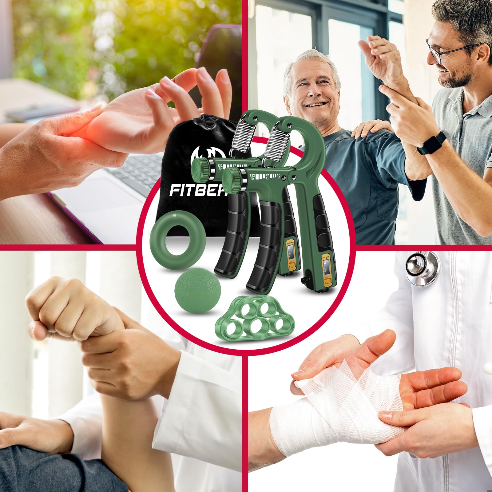 Fitbeast Dual Count Grip Strength Trainer Set, Optimizer Forearm, Wrist, And Hand Power - 5 Pack Adjustable Resistance, Dark Gre