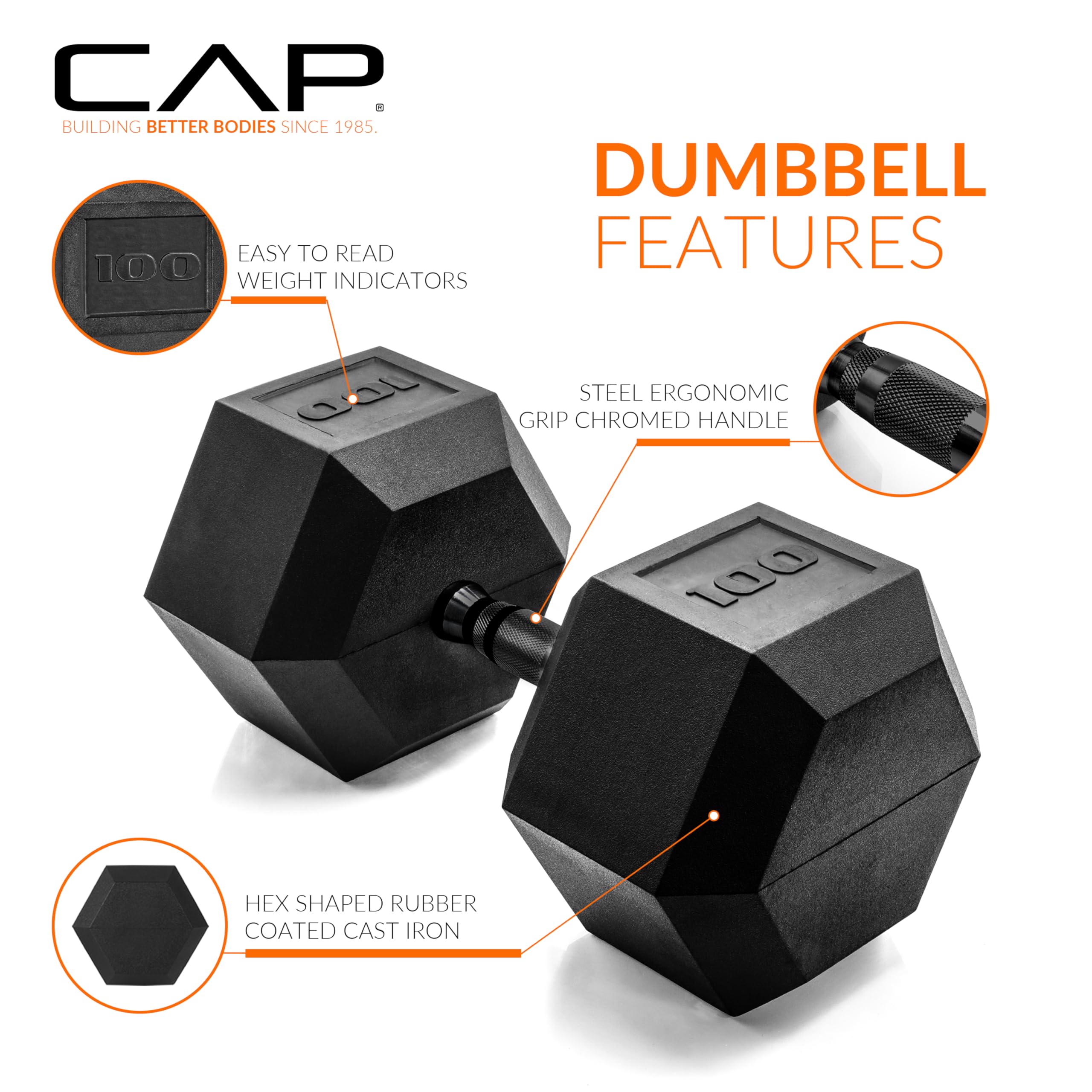 CAP Barbell 100 LB Rubber Coated Hex Dumbbell Hand Weight - Pair | Black Handle