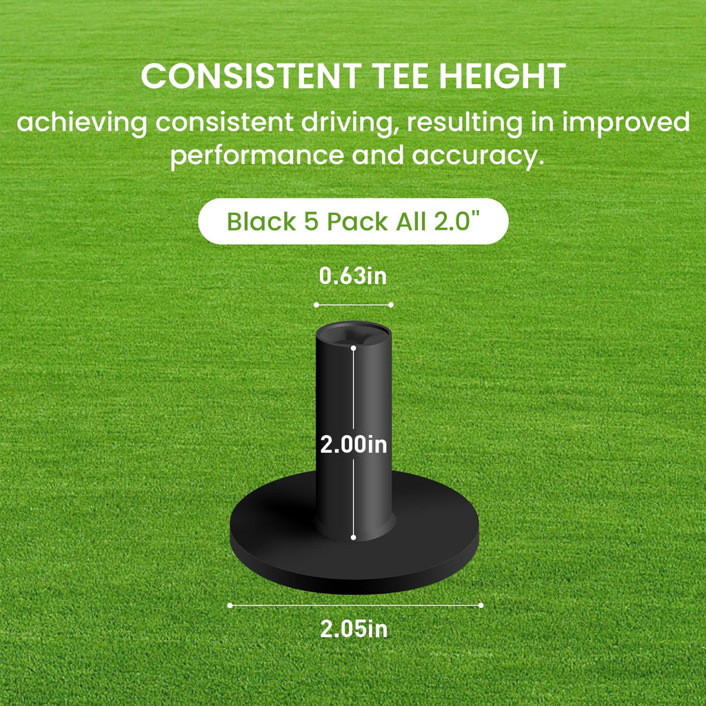 Finger Ten Golf Rubber Tee Driving Range Value 5 Pack All 2.0'' For Indoor Outdoor Practice Mat, Tee Adaptor Black Tee Holder Se