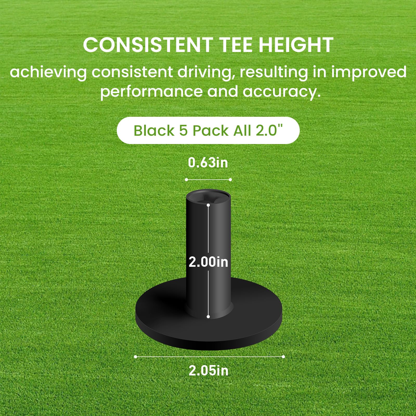 Finger Ten Golf Rubber Tee Driving Range Value 5 Pack All 2.0'' For Indoor Outdoor Practice Mat, Tee Adaptor Black Tee Holder Se