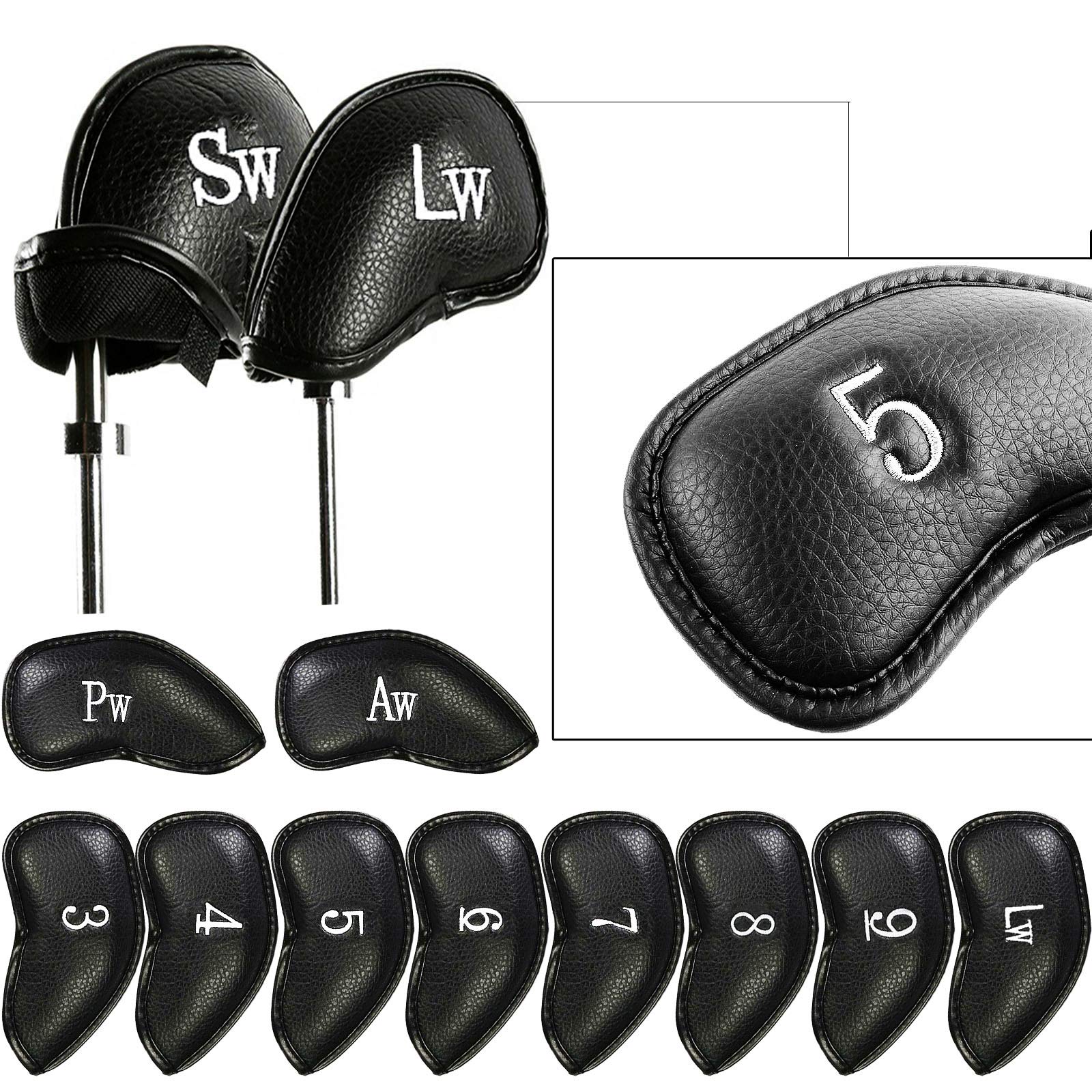 Finger Ten Golf Iron Head Covers Value 12 Piece Set, Synthetic Leather Deluxe Club Headcover, Universal Fit Main Iron Clubs (1 S