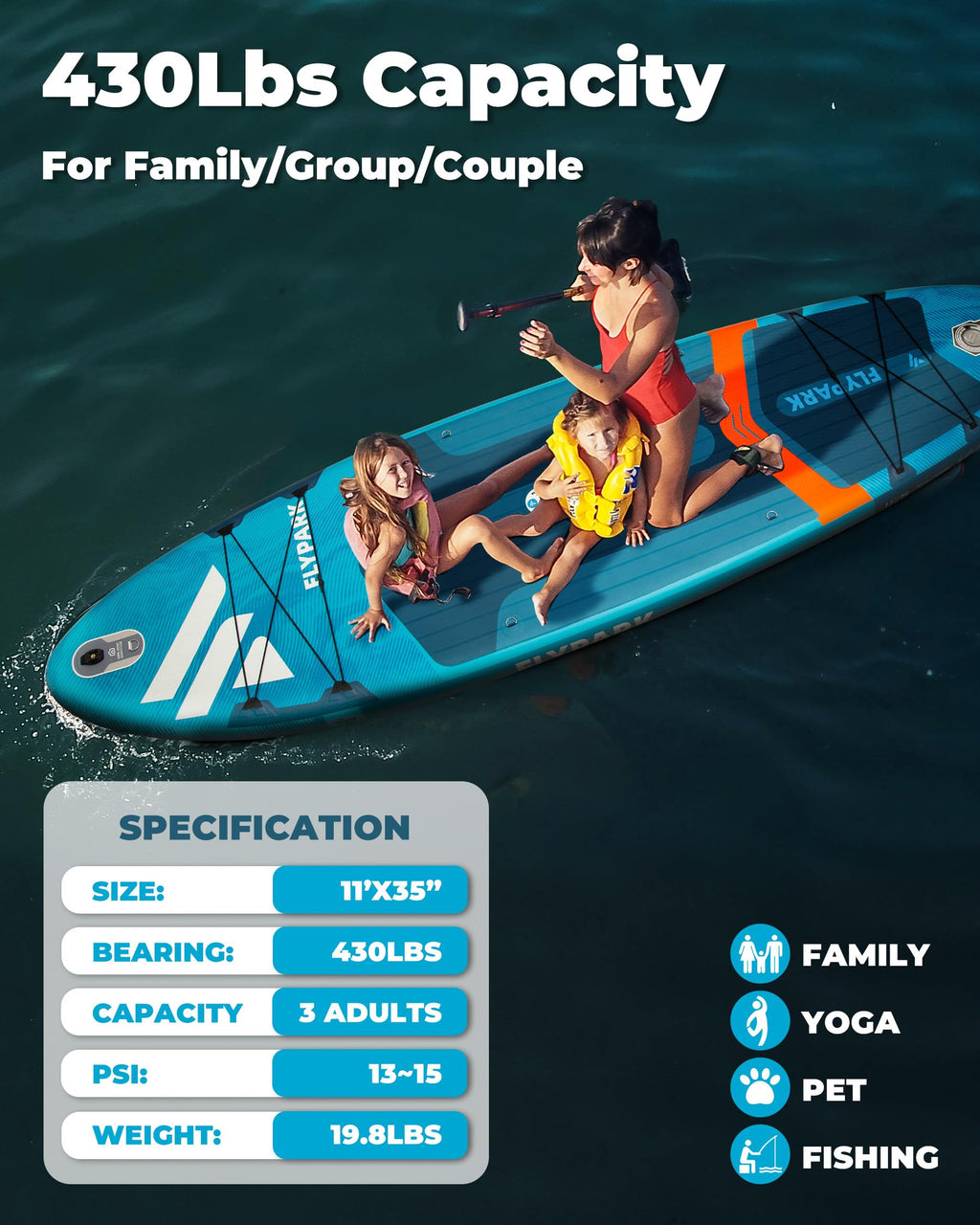 Flypark 10'8/11'X35'' Fishing&Family Stable Inflatable Paddle Boards, Extra Wide Sup Paddleboard Inflatable, 430Lb/3 People, Sta