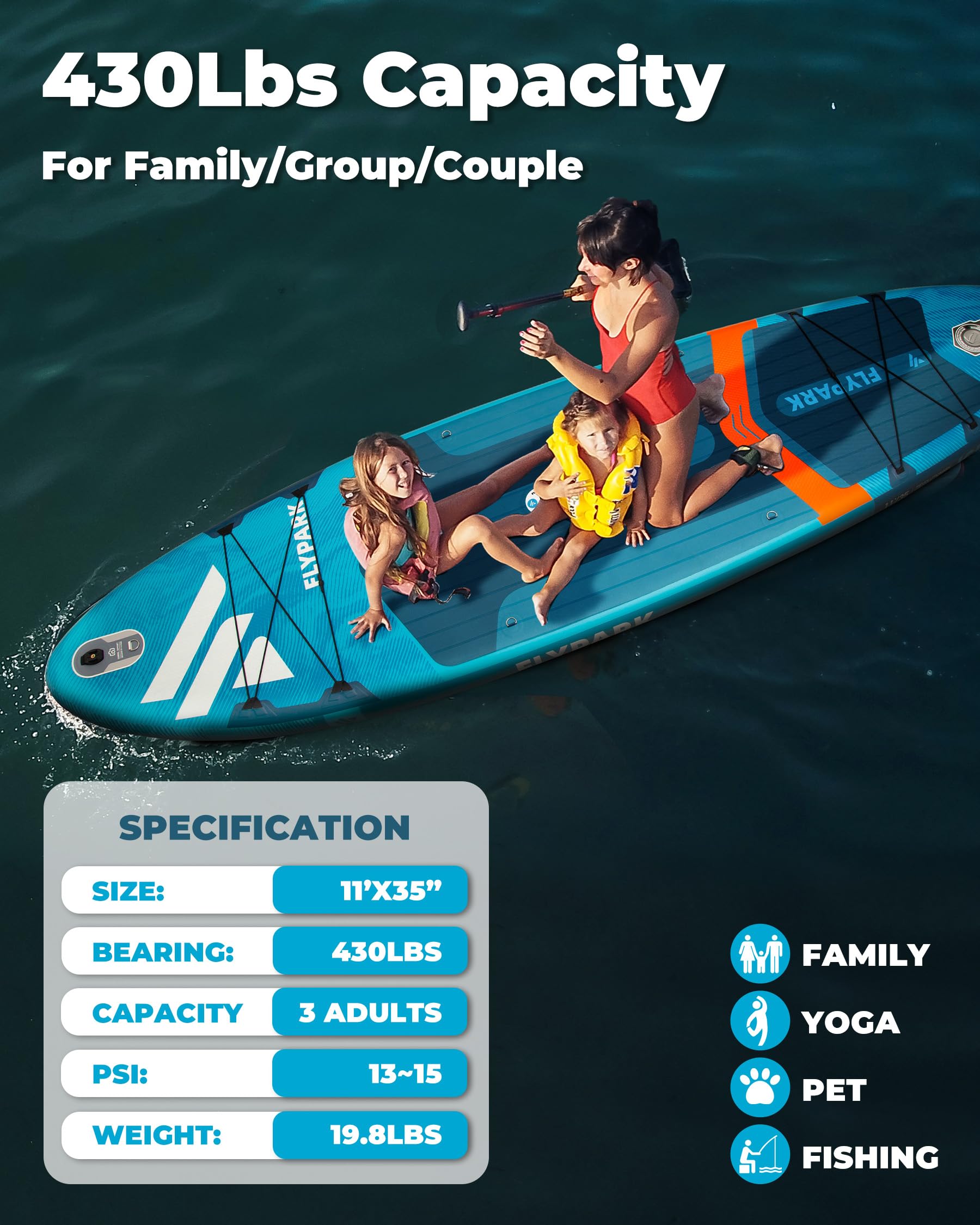 Flypark 10'8/11'X35'' Fishing&Family Stable Inflatable Paddle Boards, Extra Wide Sup Paddleboard Inflatable, 430Lb/3 People, Sta
