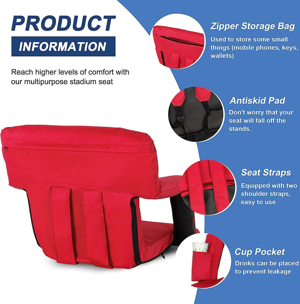 Wide Stadium Seat For Bleachers With Back Support -2 Pack Reclining Adults Camping Stadium Chair Extra Thick Cushion Bleacher Se