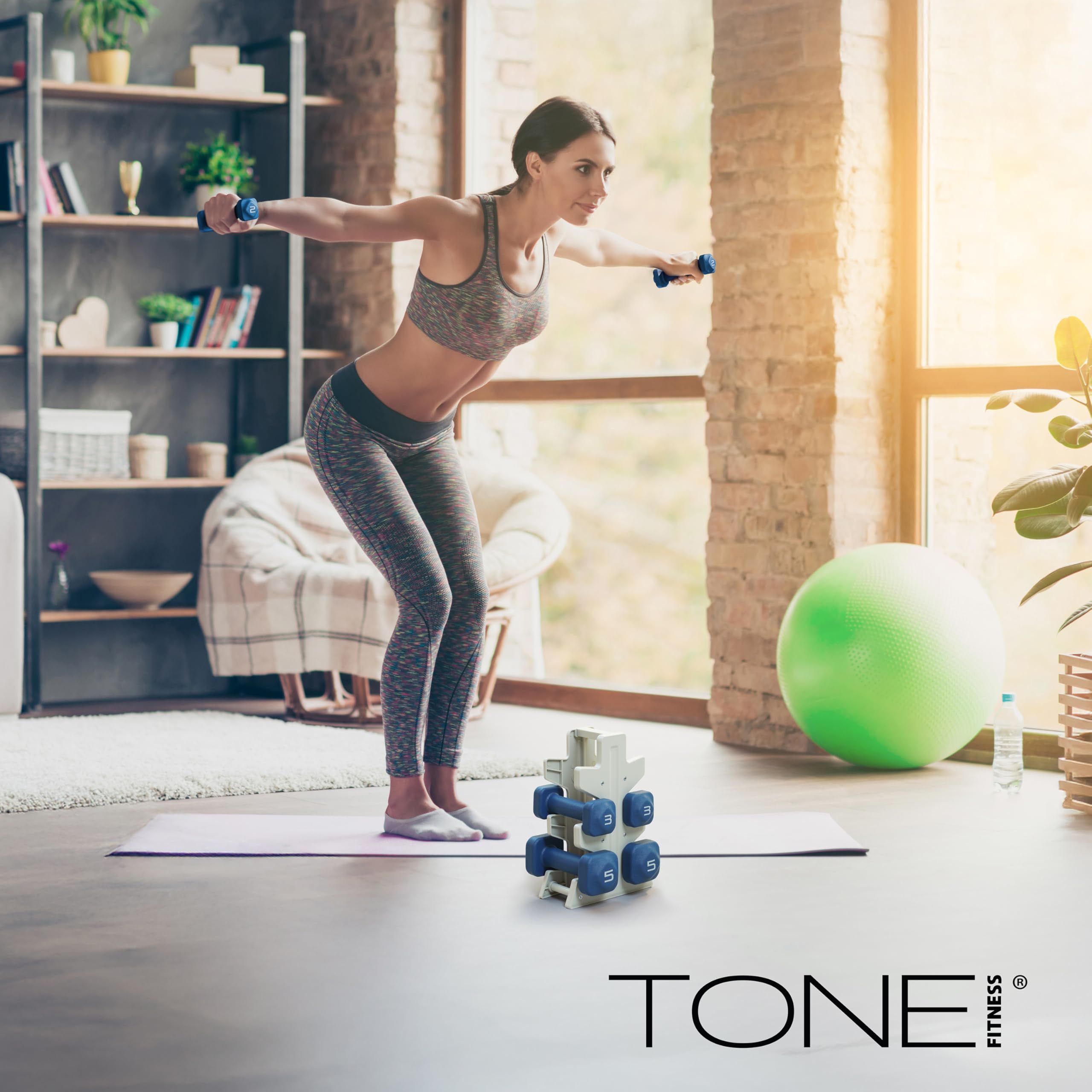Tone Fitness 20 LB Neoprene Dumbbell Set with Storage Rack - Non-Slip, Anti-Roll Hand Weights for Home Gym Workouts - Black