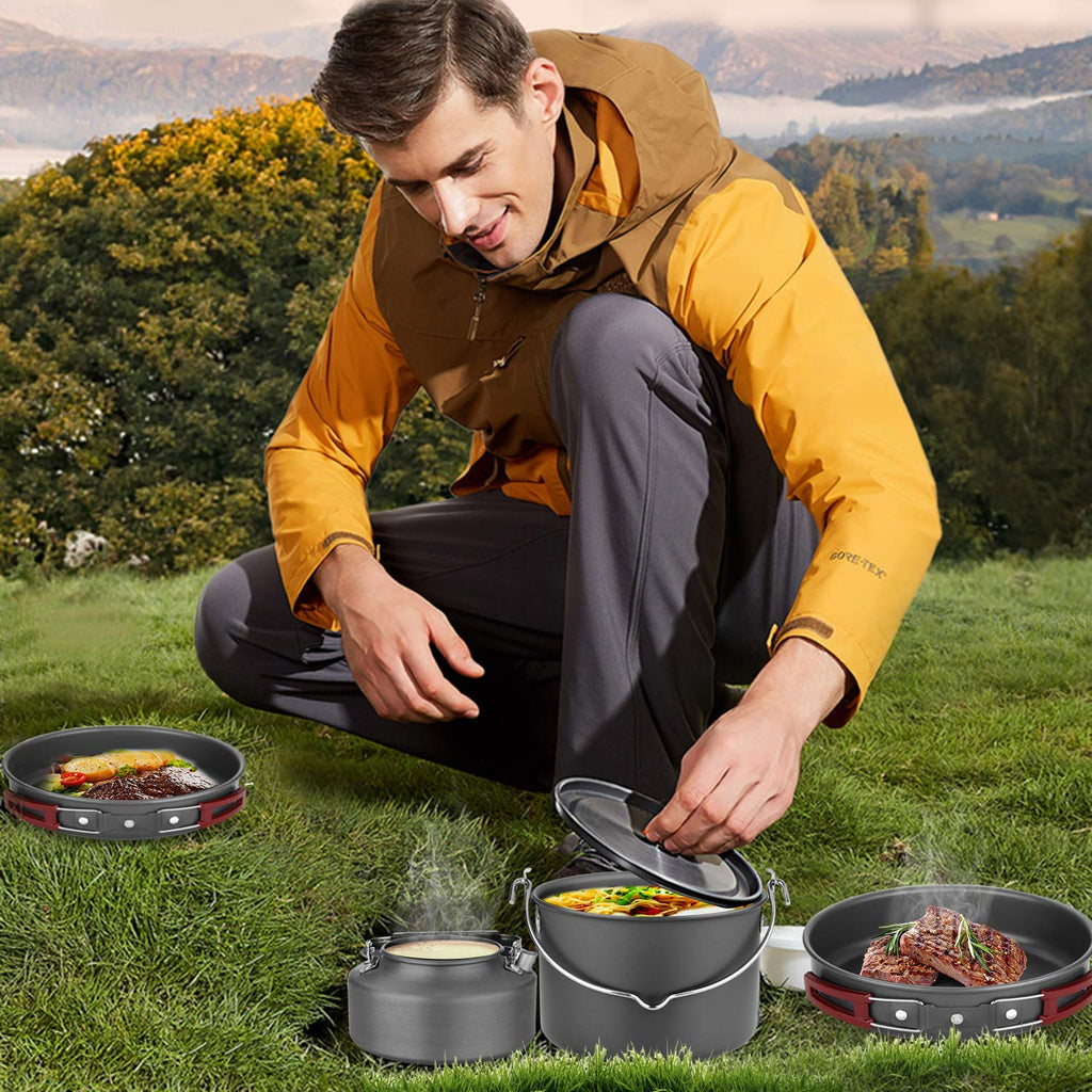 Odoland 22Pcs Camping Cookware Mess Kit, Large Size Hanging Pot Pan Kettle With Base Cook Set For 4, Cups Dishes Forks Spoons Ki