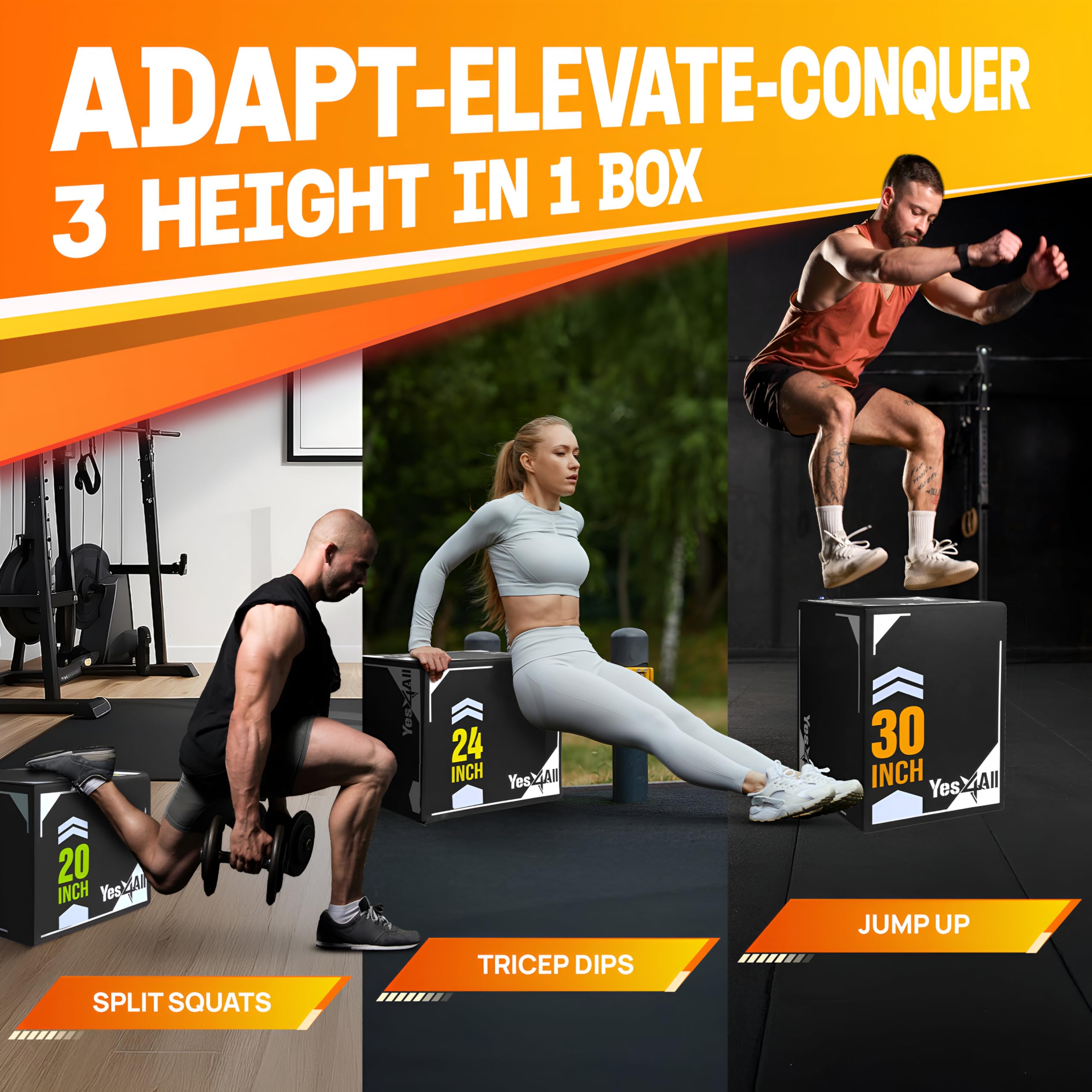 Yes4All 3-In-1 Soft Plyo Box Wooden Core - Safe For Shins - Non-Slip Multi-Use Plyometric Box For Jumping, Conditioning, And Str