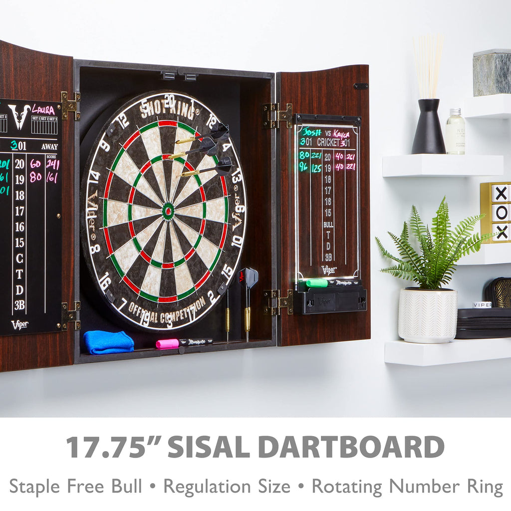 Viper By Gld Products Vault Deluxe Dartboard Cabinet With Shot King Sisal Dartboard And Illumiscore Scoreboard, Wood