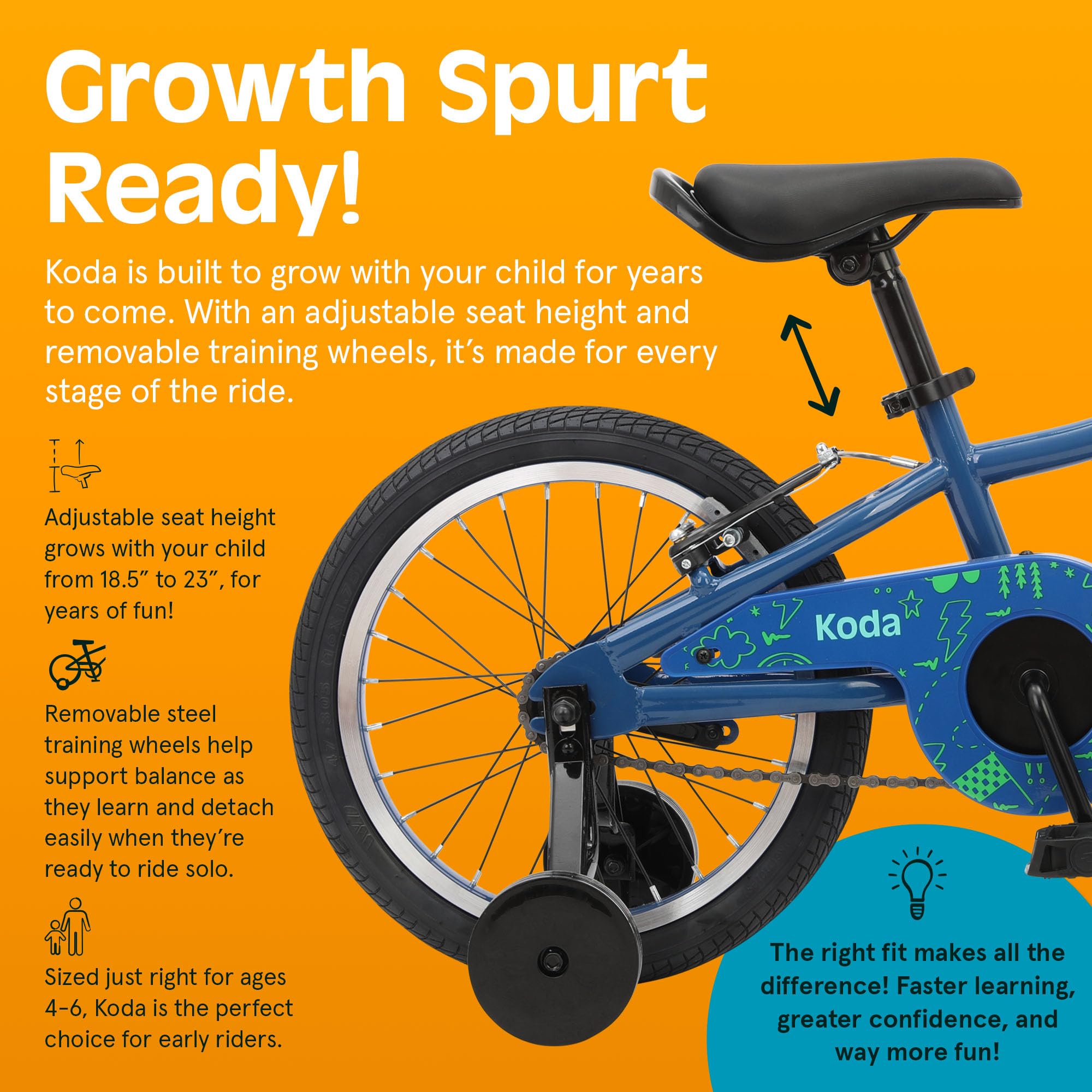 Retrospec Koda 16in Kids Bike with Training Wheels - Adjustable Height Beginner Bicycle for Ages 4-6 - Dual Brake System, Safety