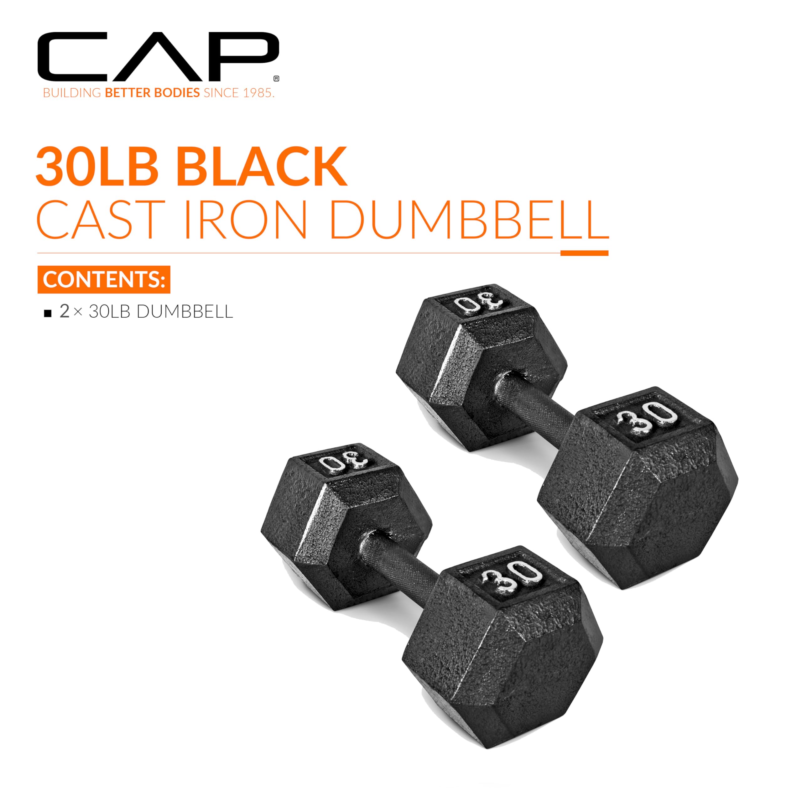 CAP Barbell 30 LB Cast Iron Hex Dumbbell Hand Weight - Pair | Black