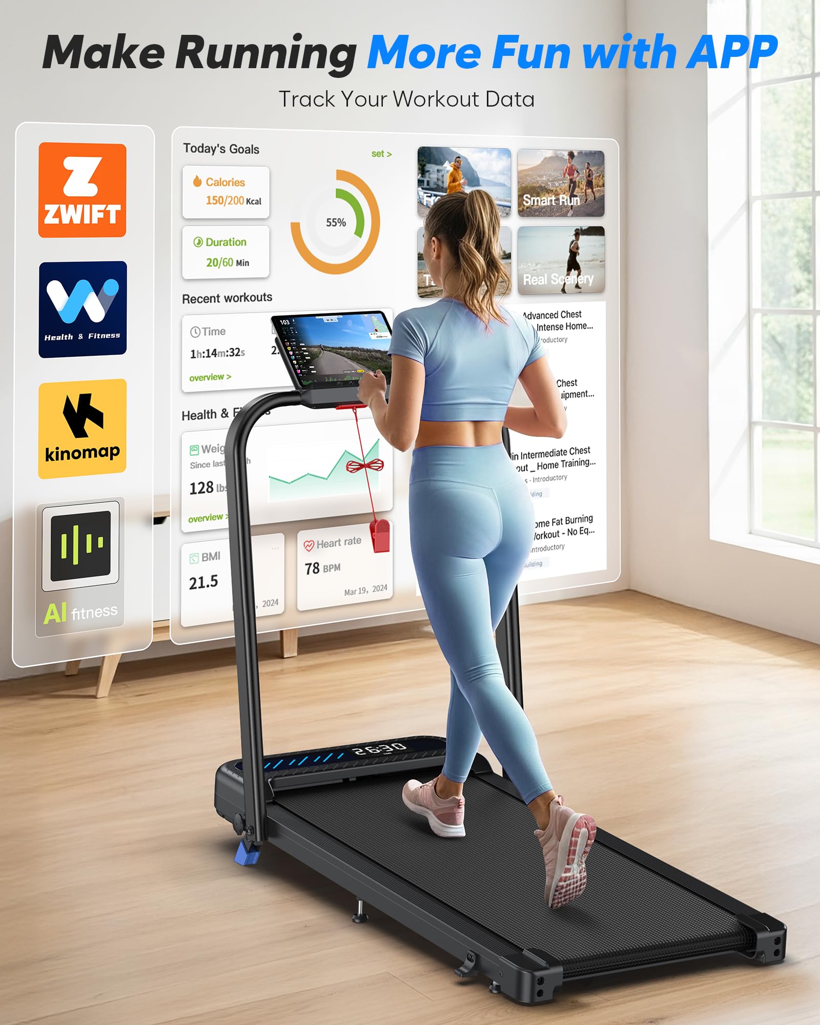 Cardirun Foldable Treadmill with Incline, Compact Walking Pad Treadmill with Safety Handle Bar, 3.0HP Quiet Under Desk Treadmill