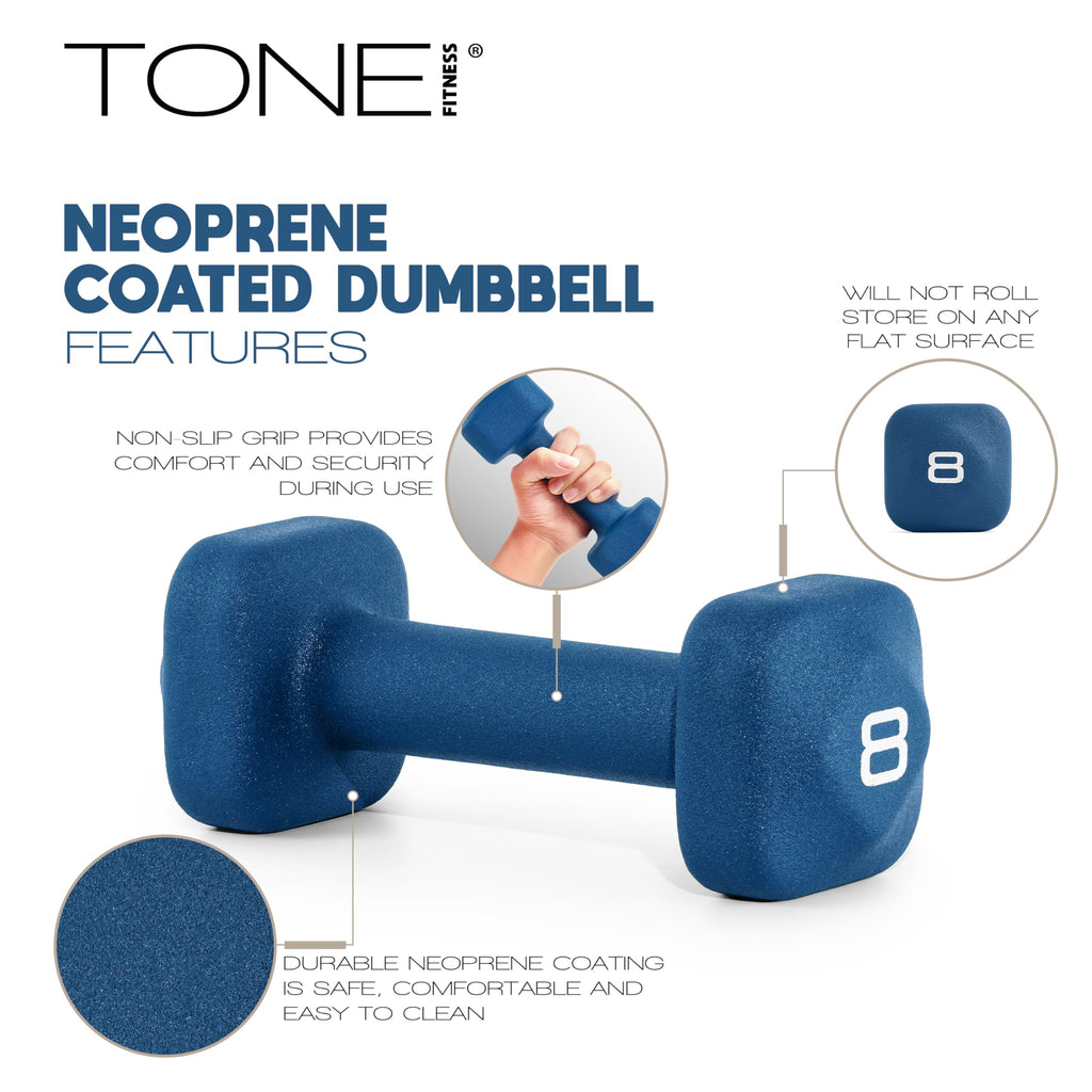 Tone Fitness 8 lb Neoprene Dumbbell Pair for Home Workouts - Non-Slip Design - Purple