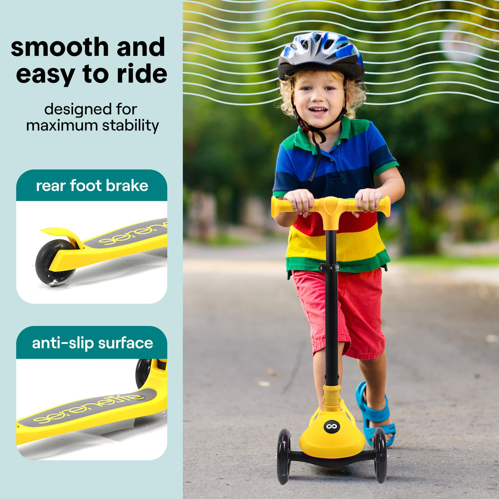 SereneLife 3 Wheel Scooter for Toddlers and Kids - Foldable Kid Scooter with LED Wheels, Adjustable Handlebar, Rear Brake, Anti-