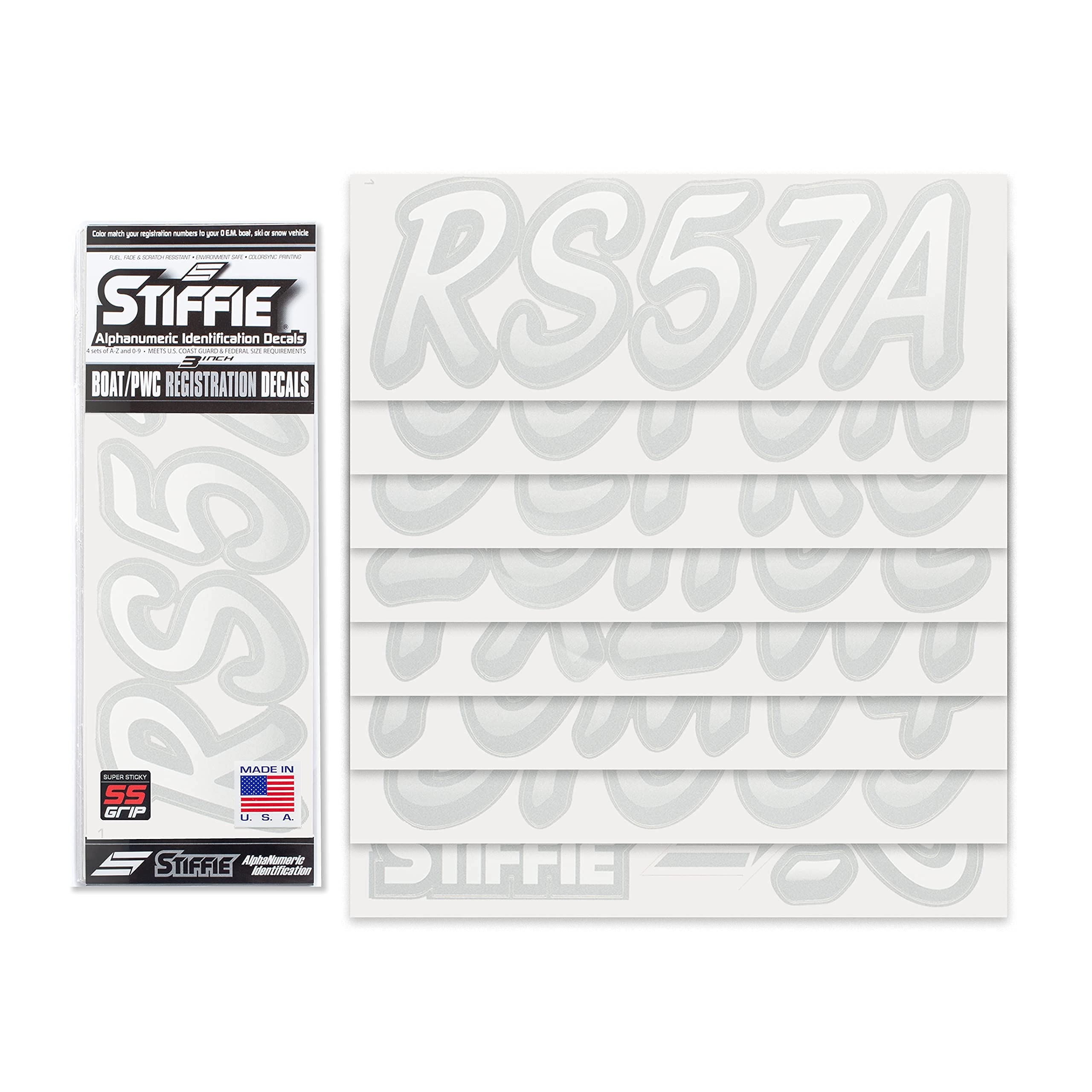 Stiffie Whipline White/Silver 3 '' Super Sticky Boat & Pwc Registration Decals  Numbers Letters Stickers