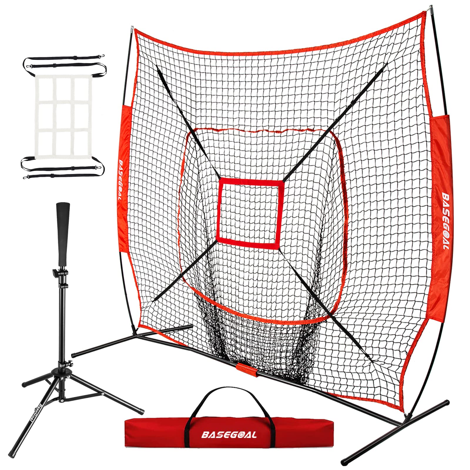 BaseGoal 7'  7' Baseball Softball Practice Net,Baseball Backstop,with Batting Tee,for Hitting Pitching Batting Catching with Bow