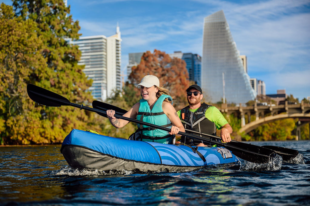 Pelican iESCAPE 110 Inflatable Convertible Kayak - Recreational Single or Tandem Kayak - Compact, Stable and Fun All in One - Tr