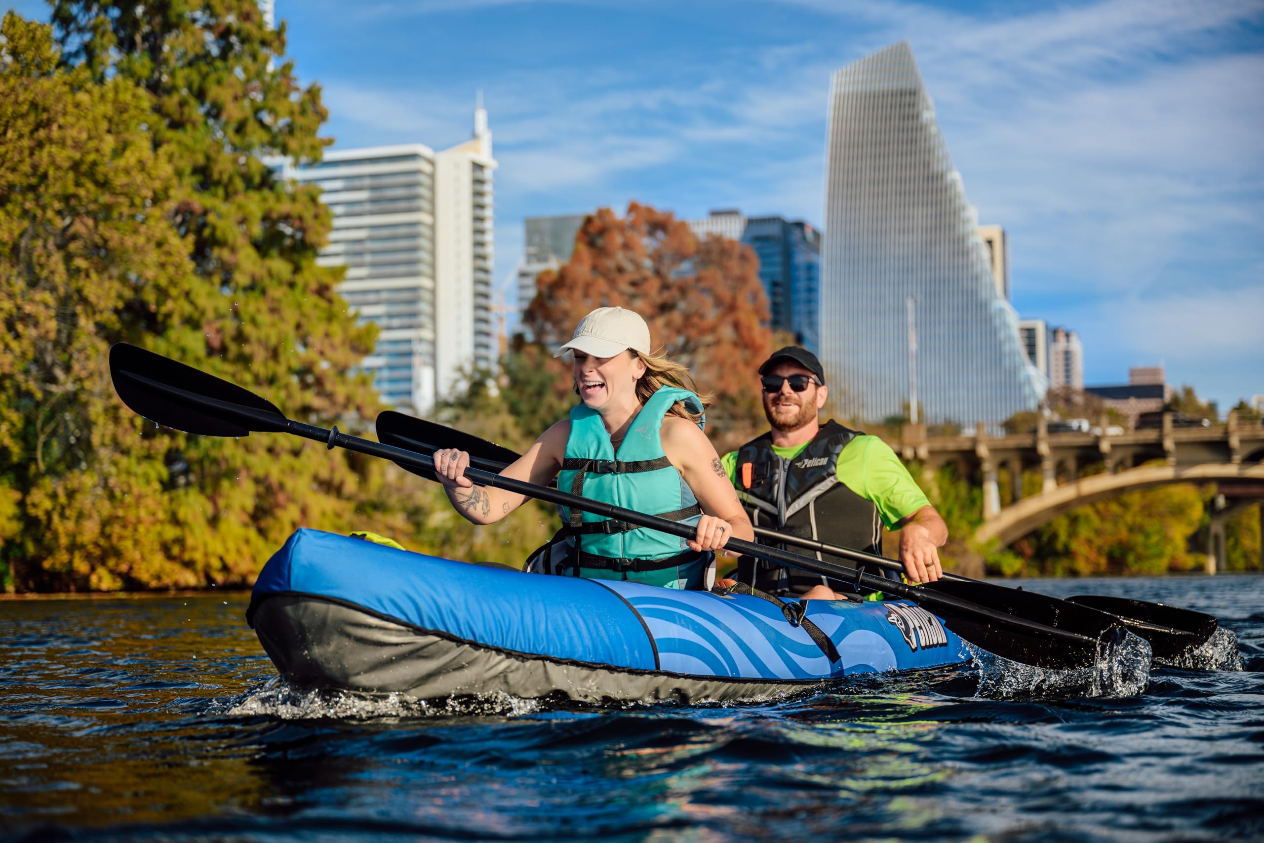 Pelican iESCAPE 110 Inflatable Convertible Kayak - Recreational Single or Tandem Kayak - Compact, Stable and Fun All in One - Tr