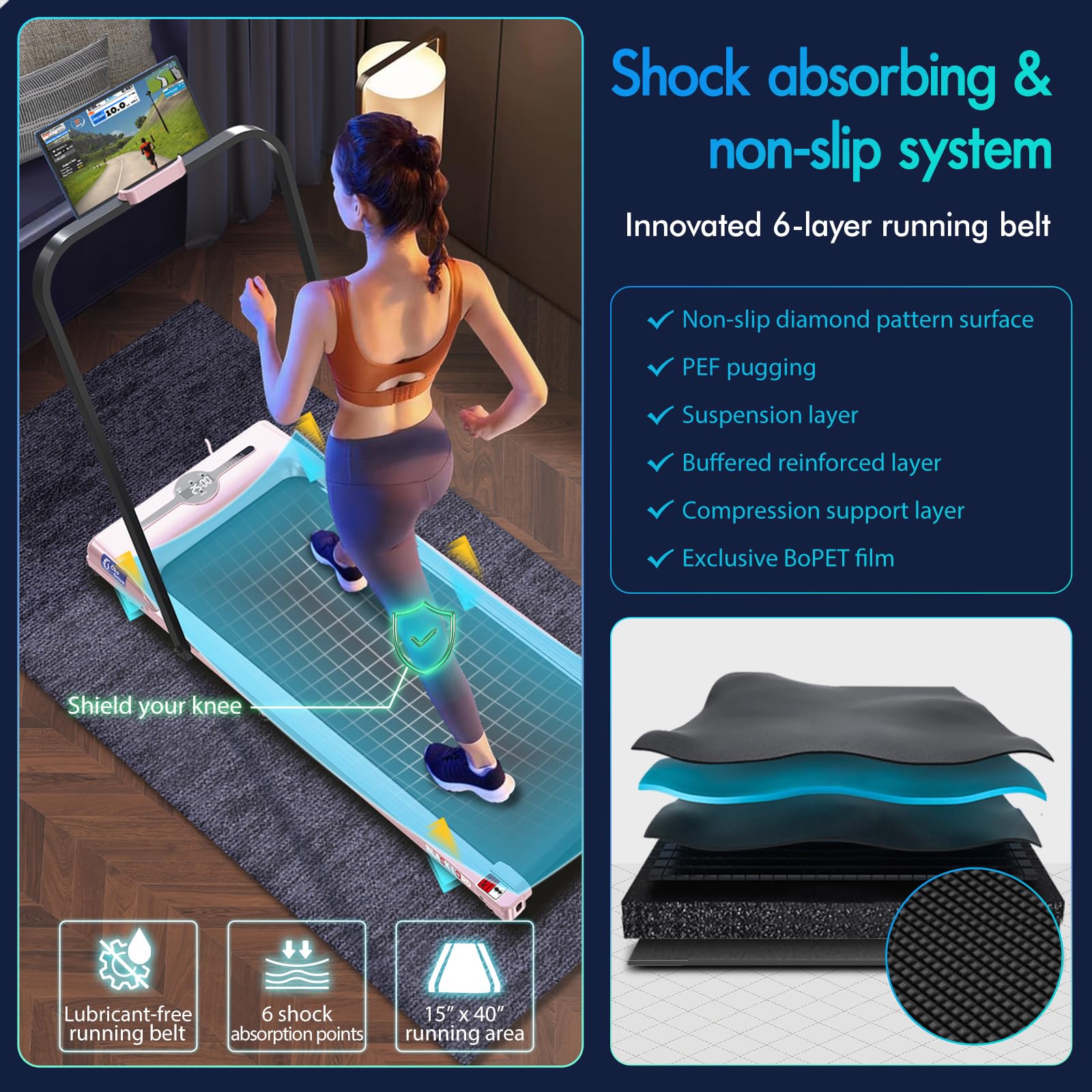 Black Lord 4 In 1 Walking Pad With Handle Bar, 2.7 Hp Quiet Foldable Under Desk Treadmill W/Bluetooth Speaker, Small Portable Ru