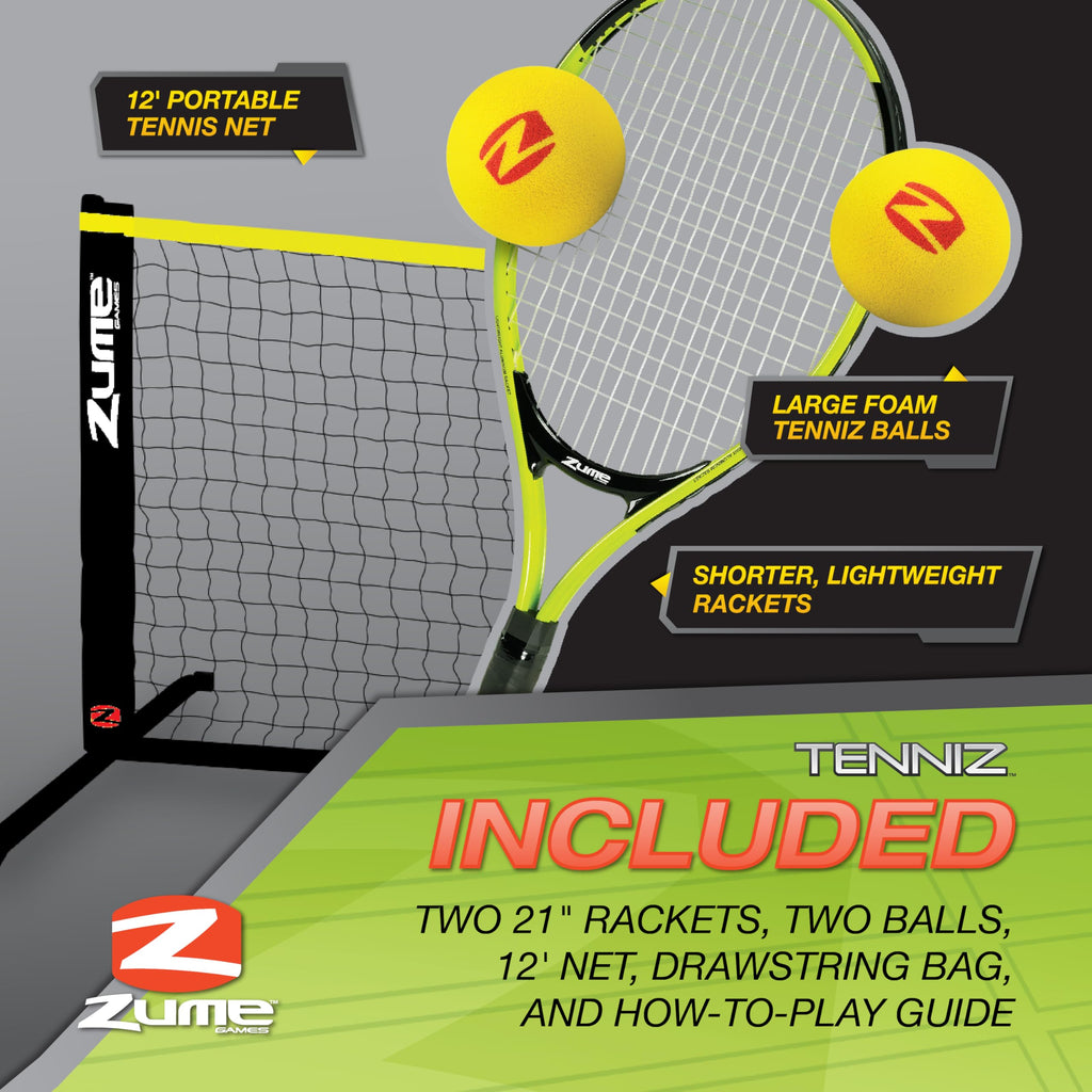 Zume Games Portable, Instant Tennis Set Includes Two Rackets, Two Balls, Net, And Carrying Case