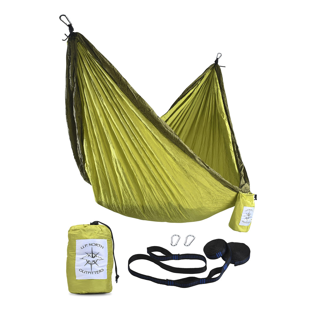 U.P. North Outfitters Camping Portable Double Hammock With 2 Tree Raps, Lightweight Nylon Parachute For Backpacking, Travel, Bea
