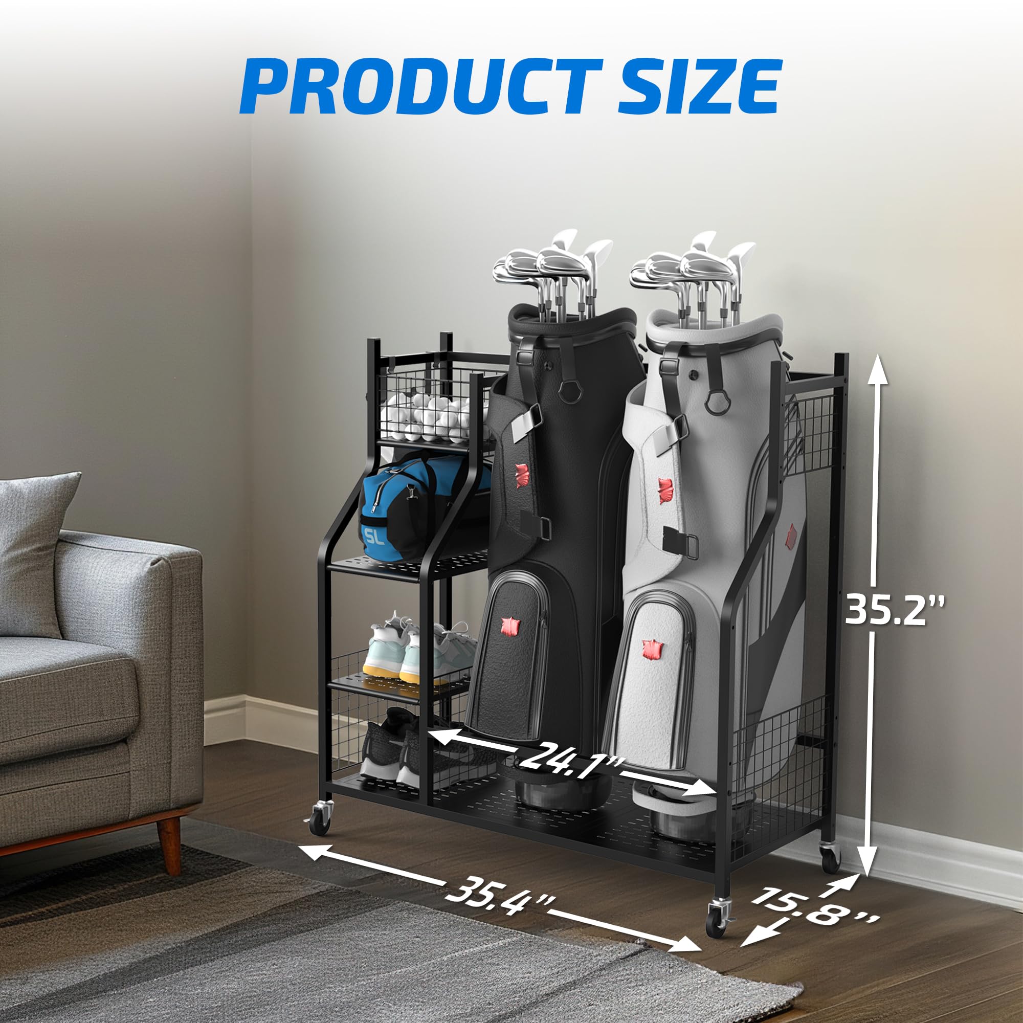Plkow Golf Bag Storage Garage Organizer Fits For 2 Golf Bags And Golf Accessories, Extra Large Size Golf Bag Storage Stand And G