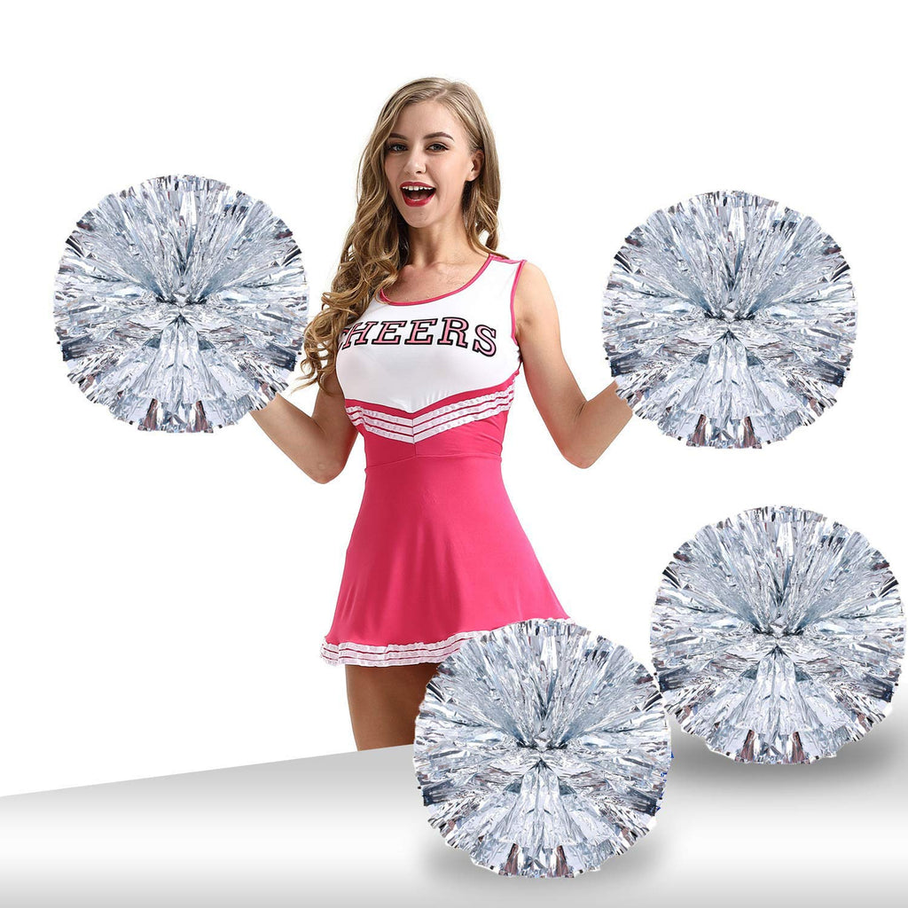 Pack Of 4 Cheerleading Pom Poms Foil Plastic Metallic Cheerleader Pom Poms For Cheer Sport Kids Adults Team Spirit Cheering (Sil