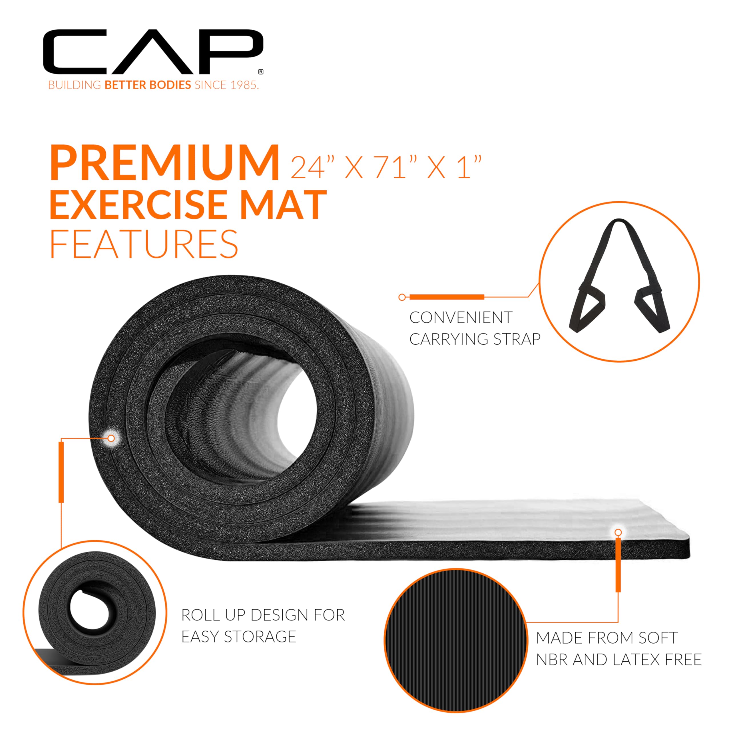 Cap High Density Exercise Mat With Strap, 74''X24''X1'' - Purple