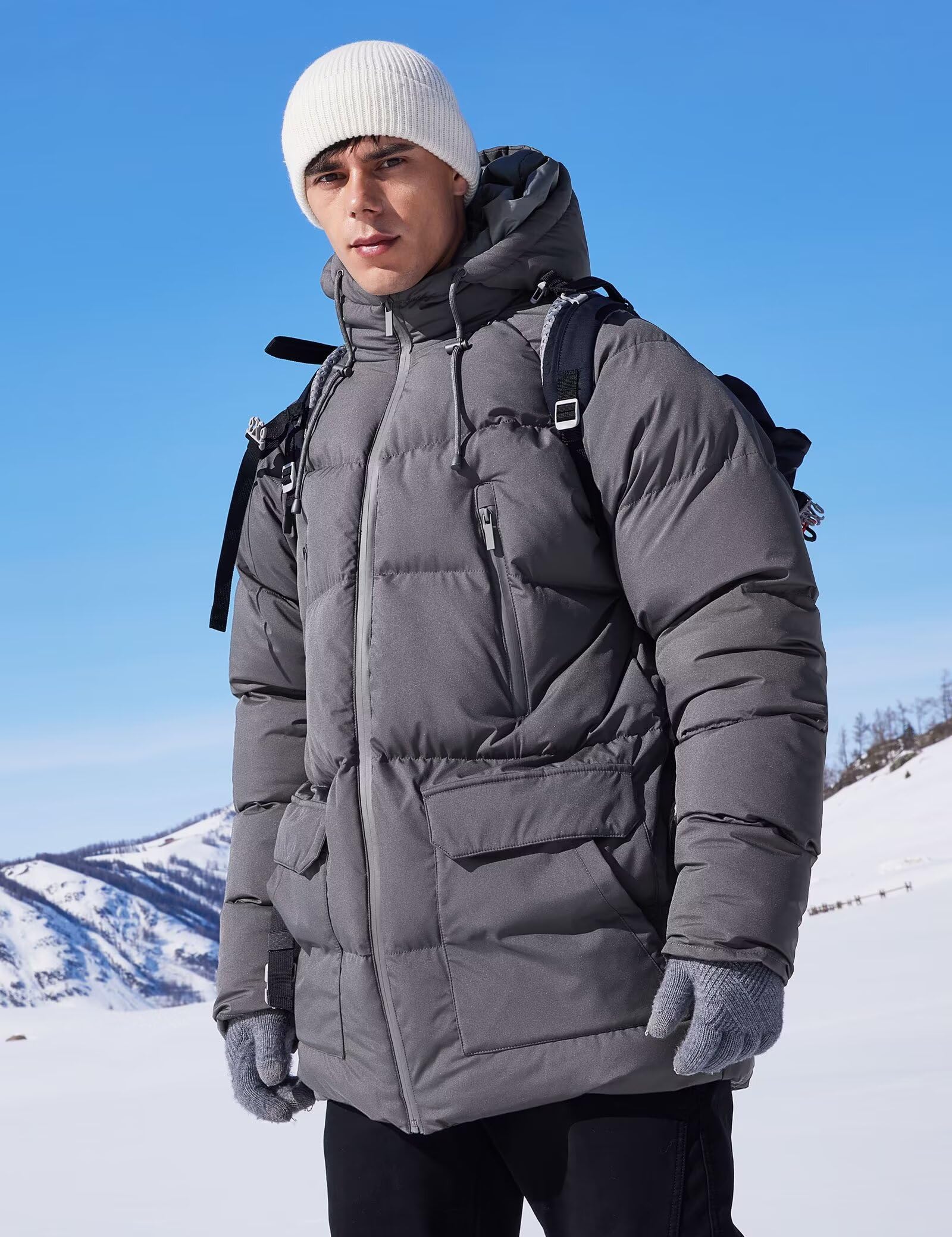 Rejork Men s Long Winter Coat Hooded Warm Quilted Jacket Water-resistant Cold Weather Parka Grey 4XL
