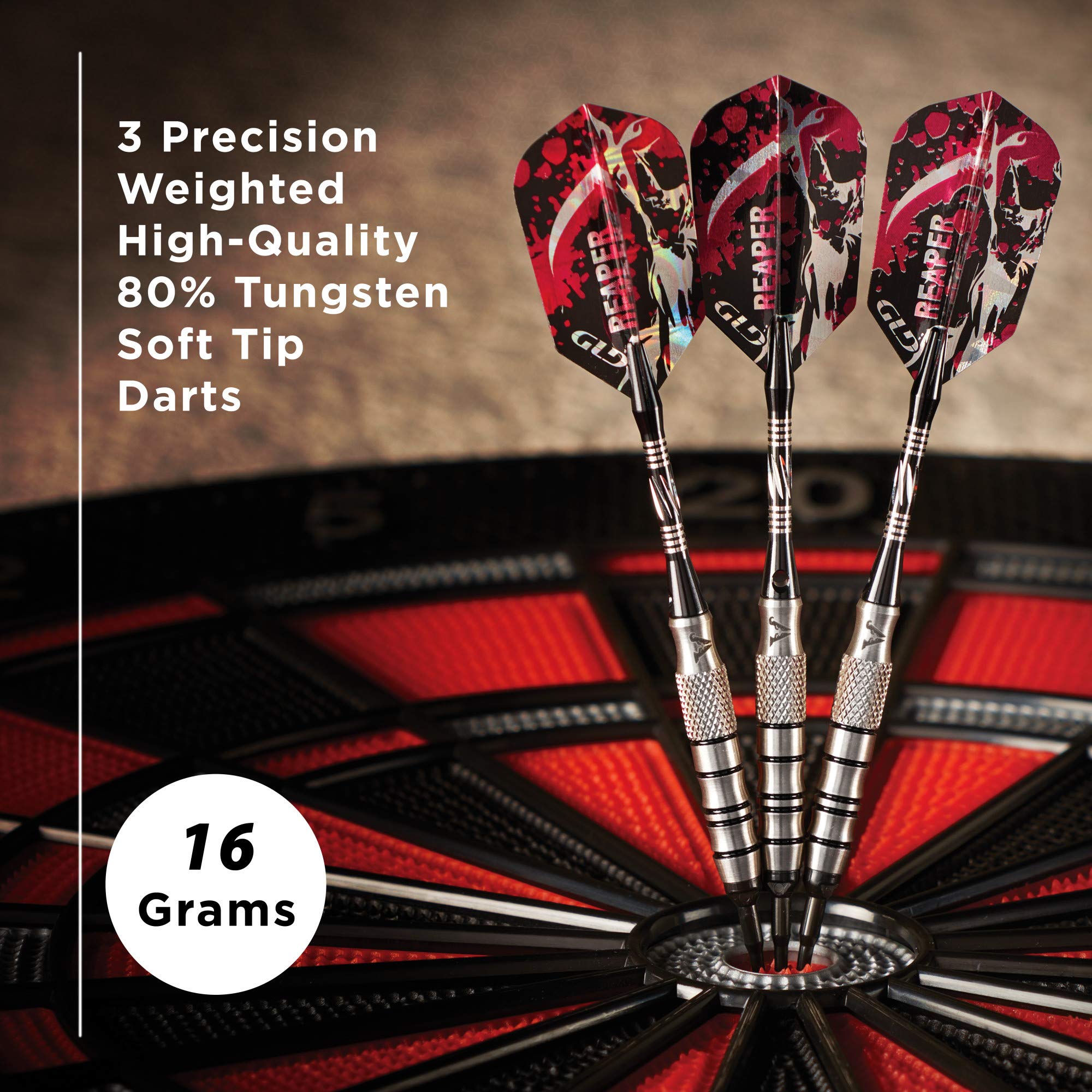 Viper Grim Reaper 80% Tungsten Soft Tip Darts With Storage/Travel Case, Coarse Knurling, 16 Grams