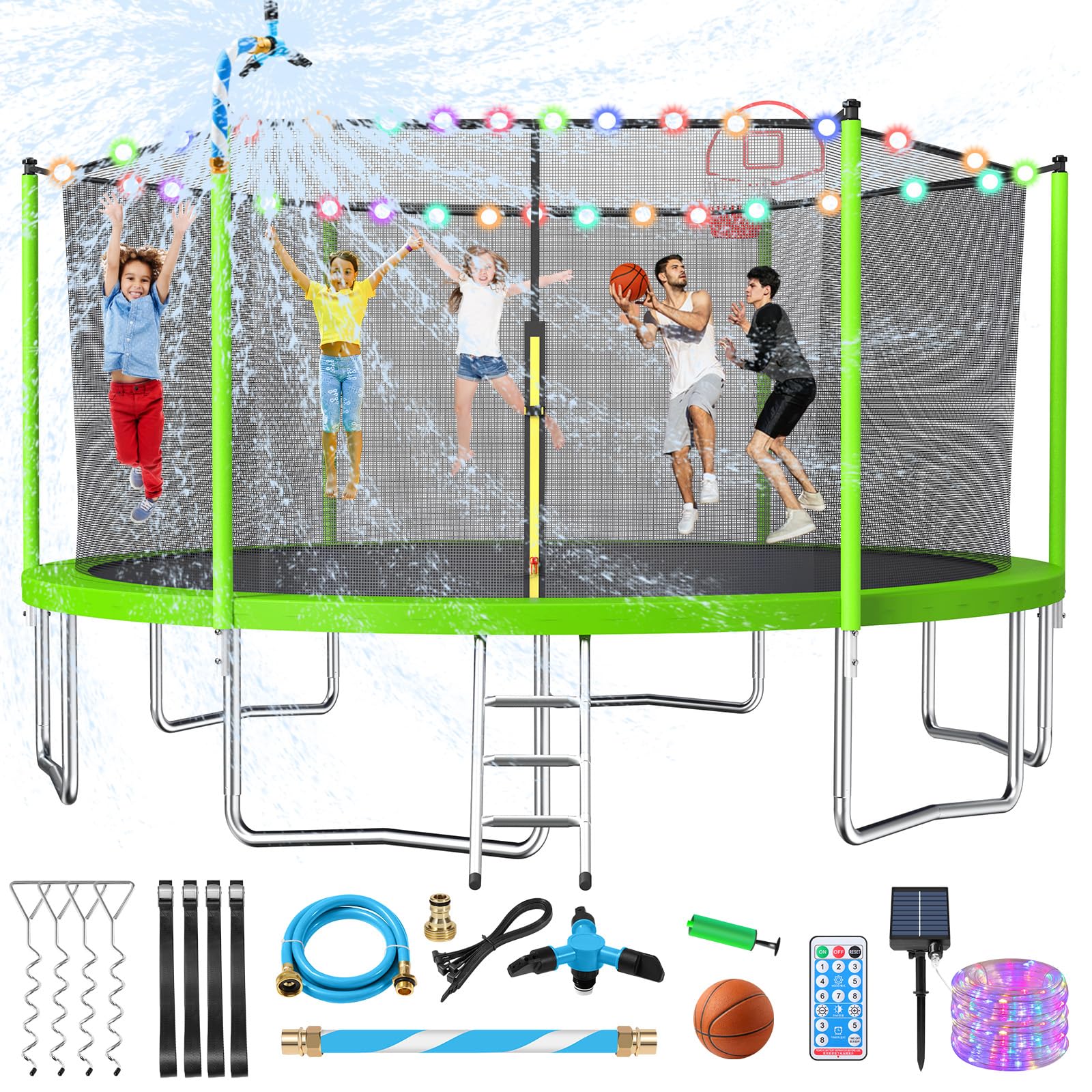 Lyromix Upgraded 14FT Trampoline for Kids, Large Outdoor Trampoline with Stakes, Light, Sprinkler, Basketball Hoop and Net, Capa