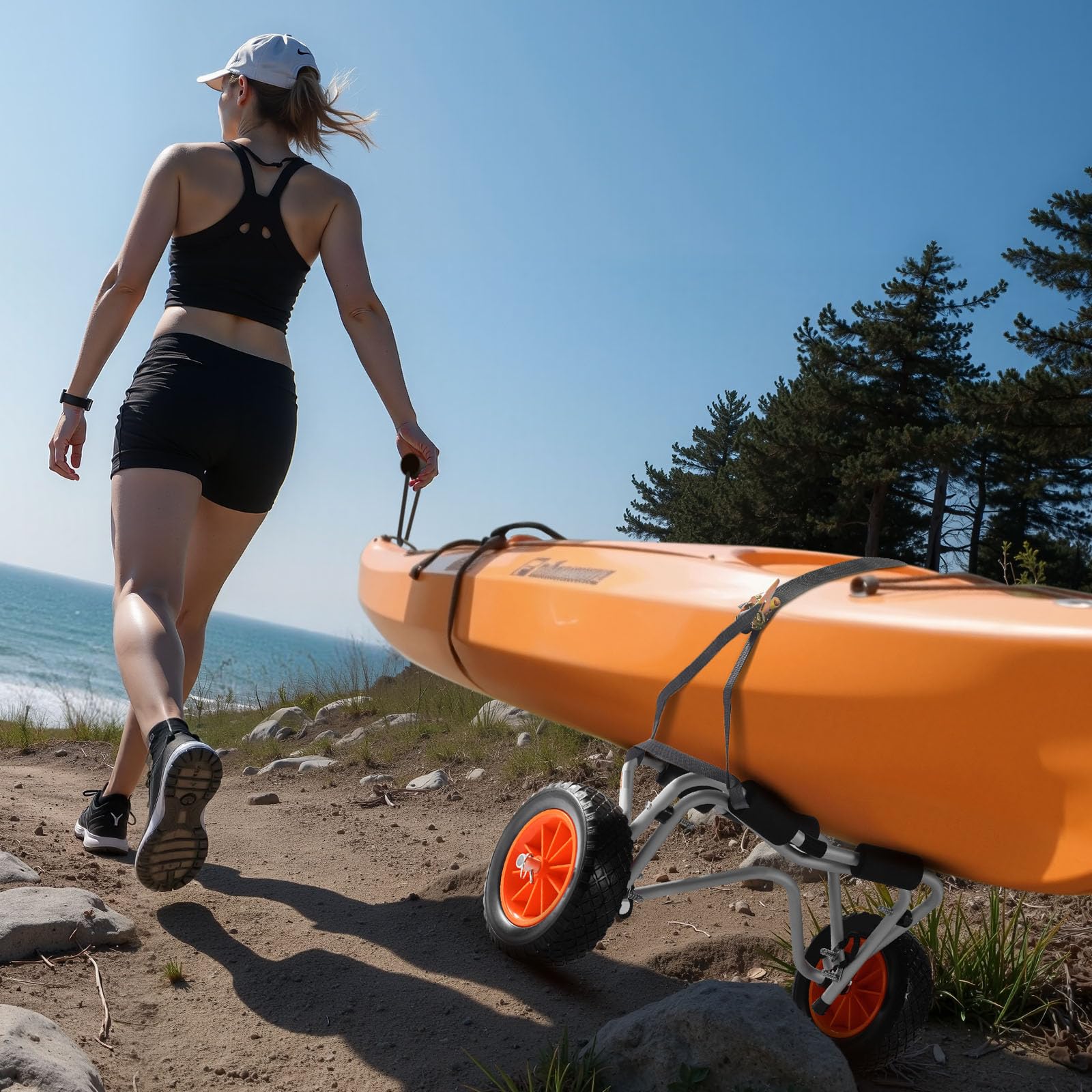 VEVOR Kayak Cart, 250 lbs Load Capacity, Foldable Kayak Trolley with 10-inch Solid Rubber Tires & 1 Ratchet Strap, Paddle Board