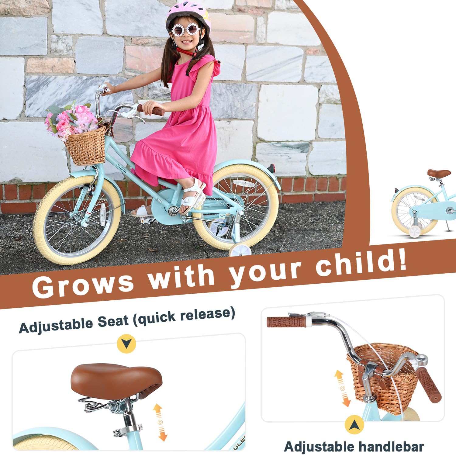 Glerc Little Molly 18 Inch Kids Bike, Retro Cruiser Girls Bike for Children Ages 5-9 Years Old, Kids Bicycle with Wicker Basket