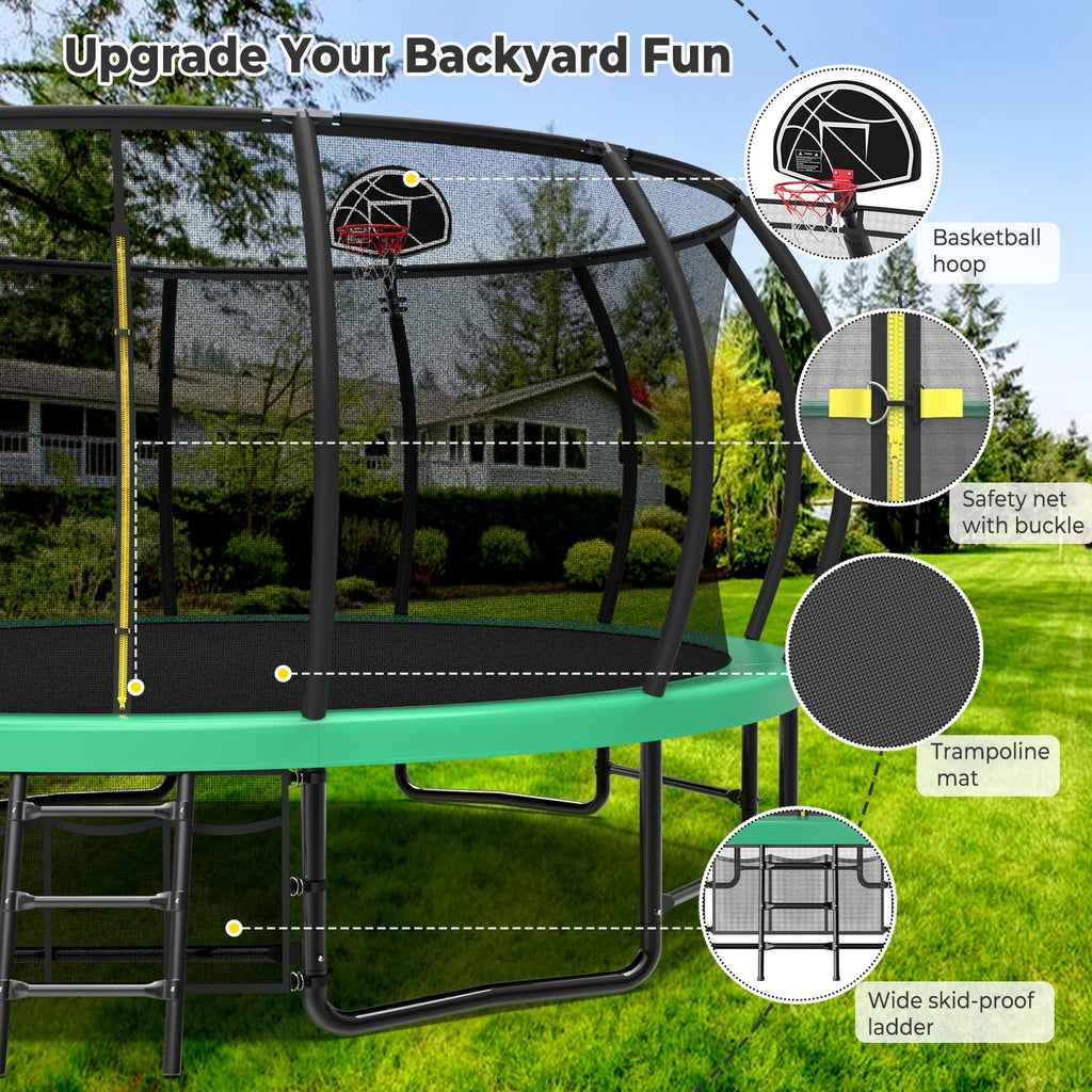 Lyromix 15FT Outdoor Trampolines for Kids and Adults, Pumpkin Trampolin with Curved Poles, Recreational Trampolin with Basketbal
